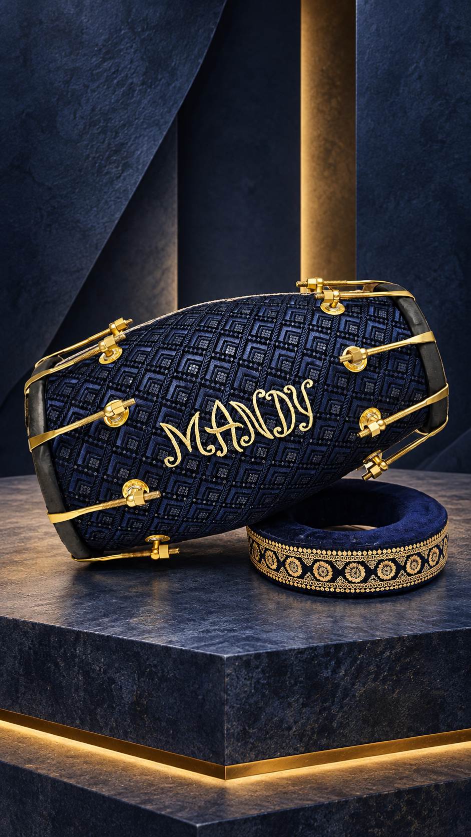 Mandy’s Royal Neelam – Custom Blue & Black Sherwani Dholak with Gold Accents