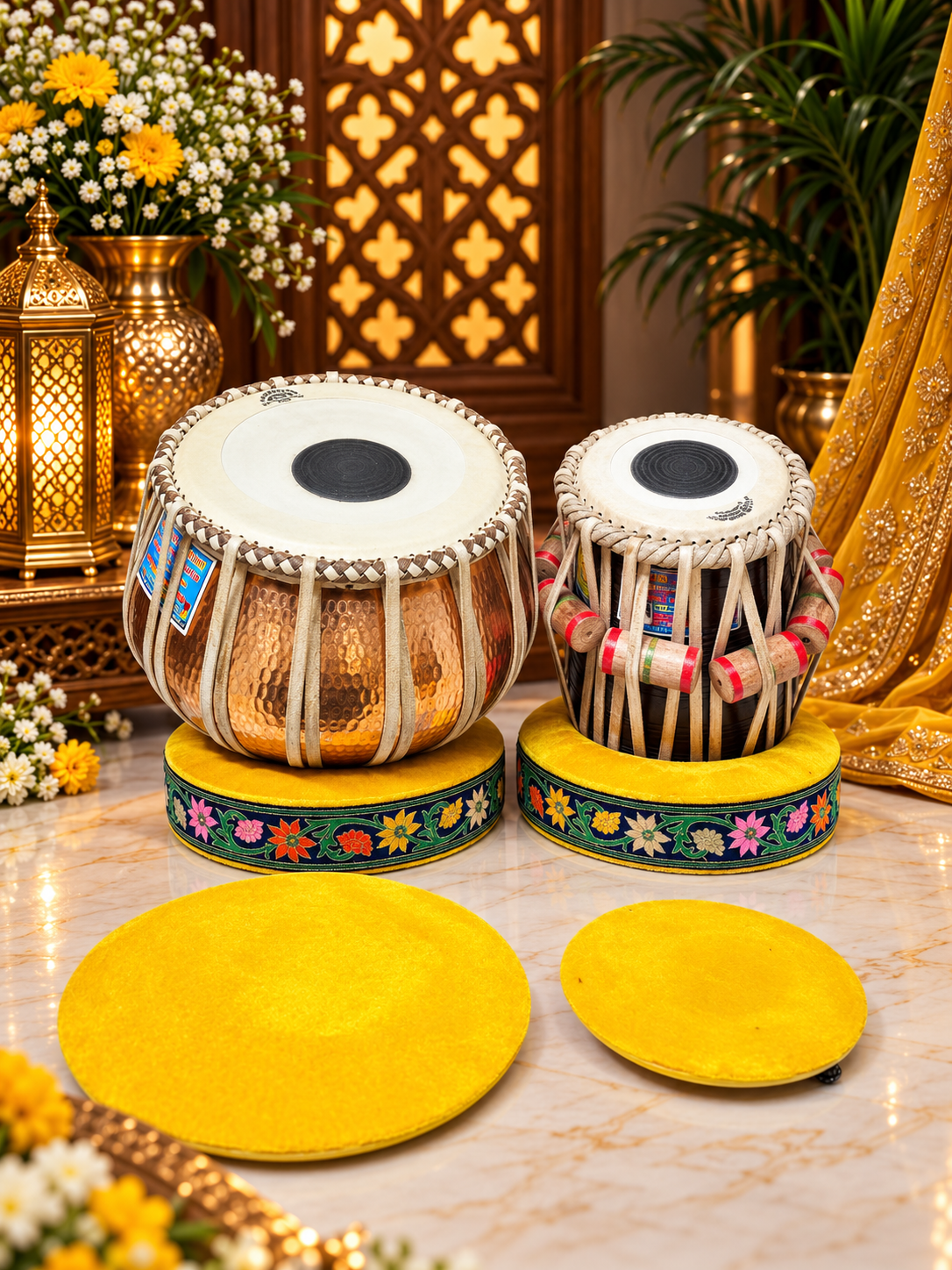 Pushpa Kiran – Mohd. Sharif Concert D Tabla Set | 5.75" Red Sheesham Dayan + 9.25" Hand-Hammered Copper Bayan *Very Minor Cosmestic Blemishes