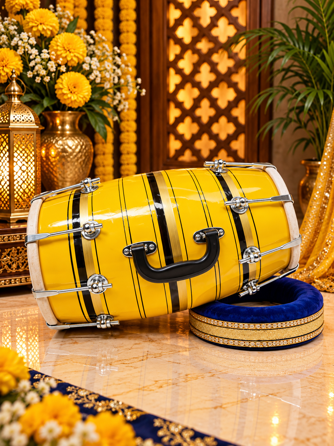 Surya Rekha – Sunshine Yellow & Metallic Gold Striped Student Dholak with Black Accents & Carrying Handle *Very Minor Cosmestic Blemishes (YB2)