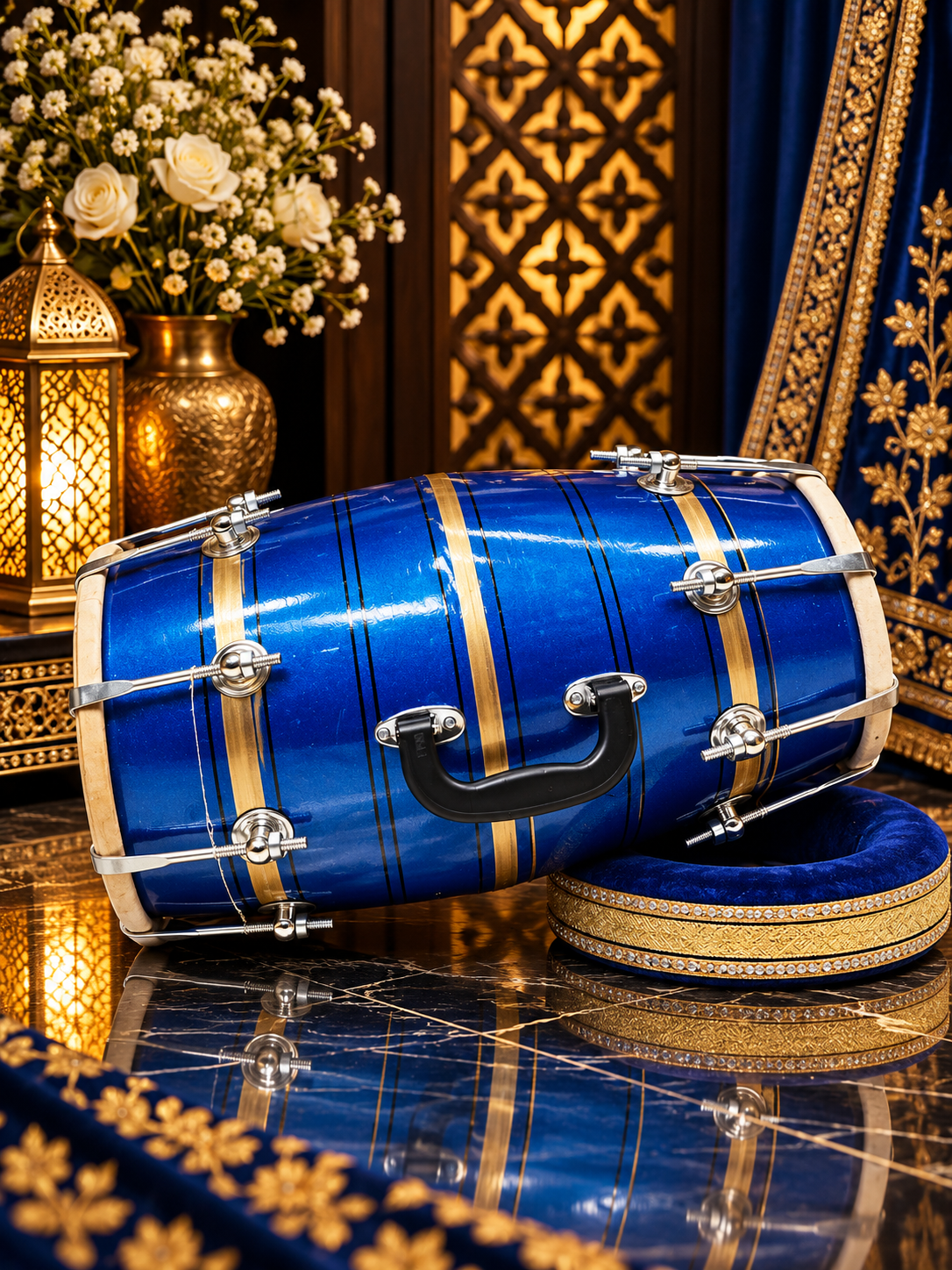 Neel Vajra – Electric Sapphire Blue & Champagne Gold Striped Student Dholak with Black Pinstripes & Carrying Handle *Minor Cosmetic External Cracks & Blemishes (B2)