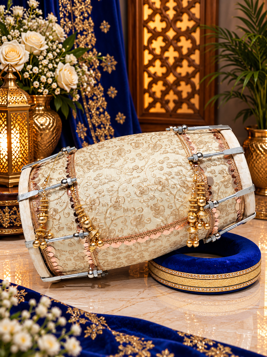Noor-e-Mehfil – Ivory & Gold Floral Sherwani-Wrapped Designer Mehendi Night Dholak with Decorative Golden Ornaments