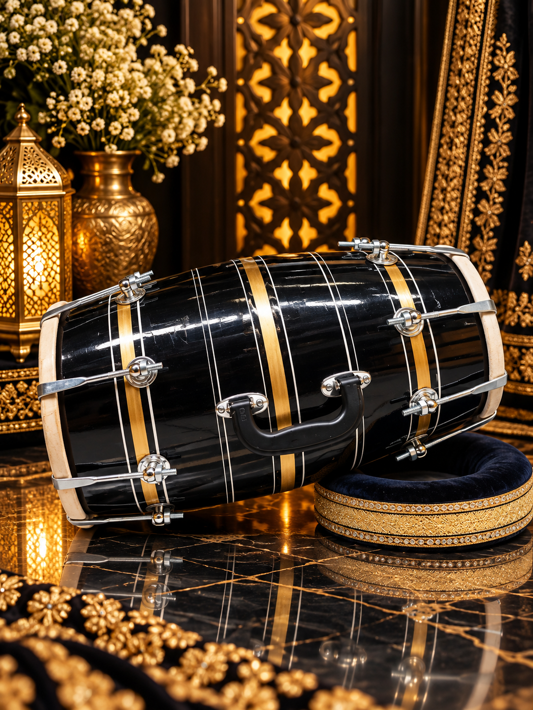 Kala Sona – Midnight Black & Metallic Gold Striped Student Dholak with Silver Pinstripes & Carrying Handle * Minor Cosmetic Blemishes
