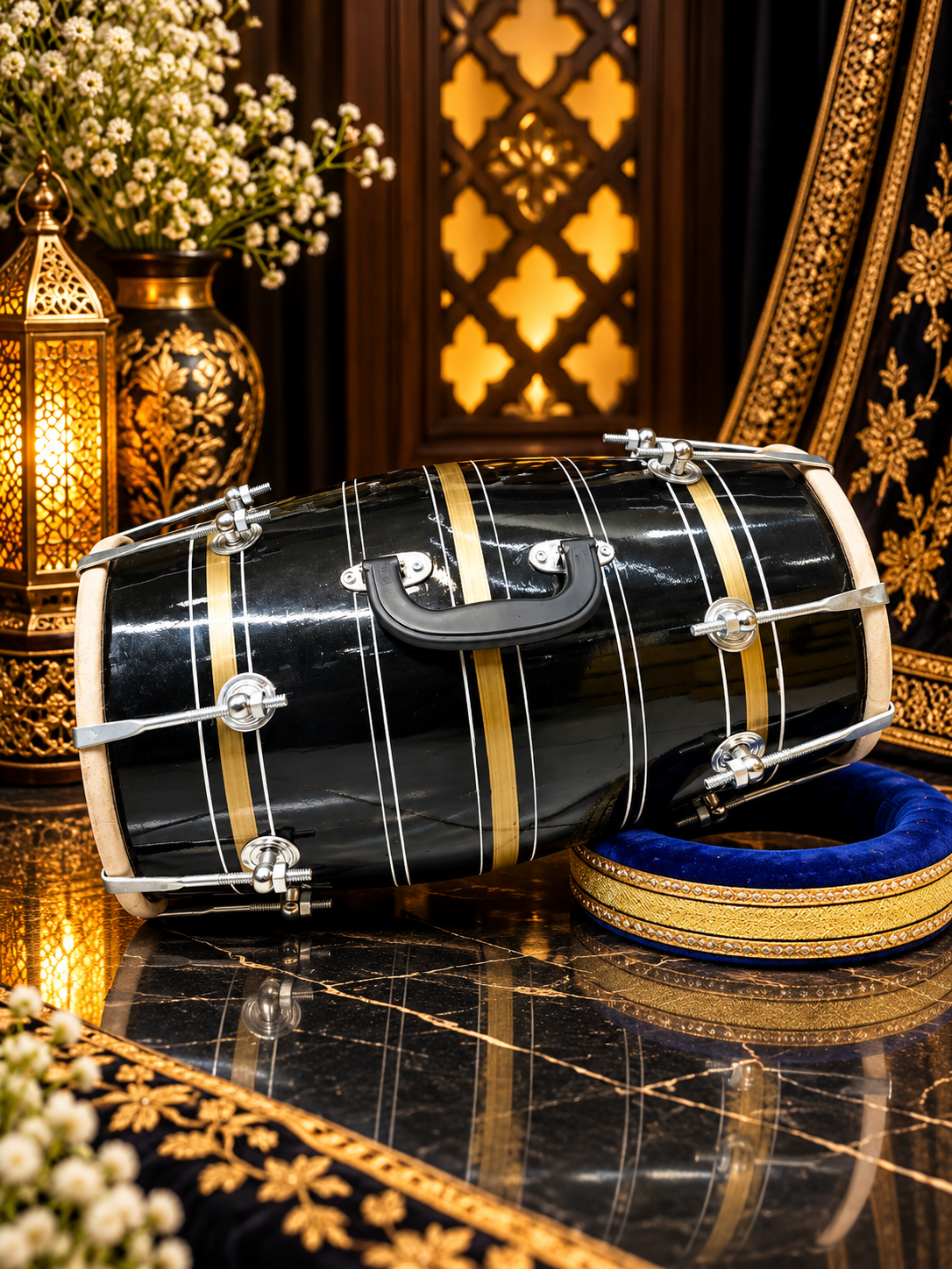 Kaal Rekha – Glossy Midnight Black & Antique Gold Striped Student Dholak with Silver Pinstripes & Carrying Handle *Minor Cosmetic Blemishes (B2)