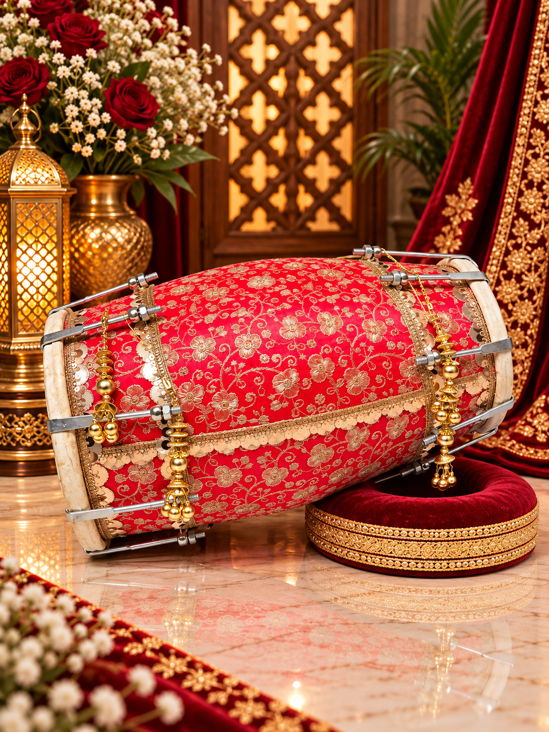 Rang Mahal – Royal Scarlet & Gold Floral Sherwani-Wrapped Designer Mehendi Night Dholak with Decorative Golden Ornaments