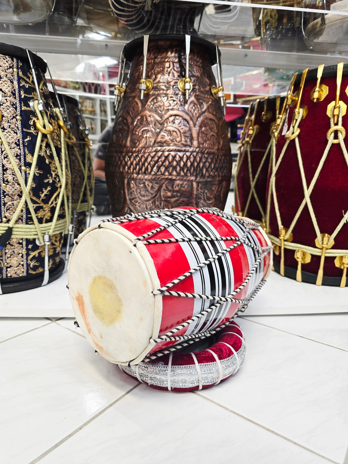 Red Toddler Dholak with Black & White Stripes (For Ages 1-3) *Minor Skin Rip & Cosmetic Defects
