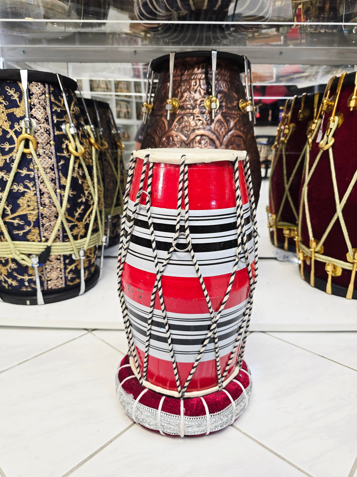 Red Toddler Dholak with Black & White Stripes (For Ages 1-3) *Minor Skin Rip & Cosmetic Defects