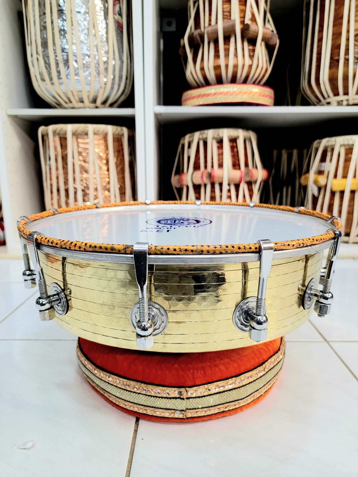 World's Rarest Pure Copper Dholak (Black Pudi + 36-Pure Brass Bolts + Engravements) + Premium Golden Tasha - Sangeet Store