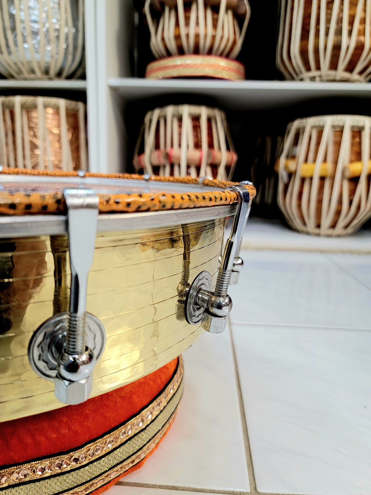 World's Rarest Pure Copper Dholak (Black Pudi + 36-Pure Brass Bolts + Engravements) + Premium Golden Tasha - Sangeet Store