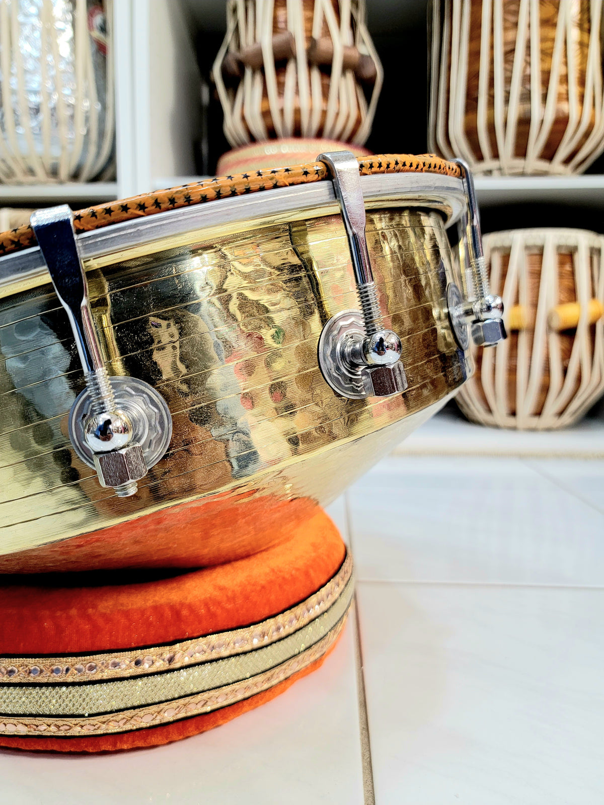 World's Rarest Pure Copper Dholak (Black Pudi + 36-Pure Brass Bolts + Engravements) + Premium Golden Tasha - Sangeet Store