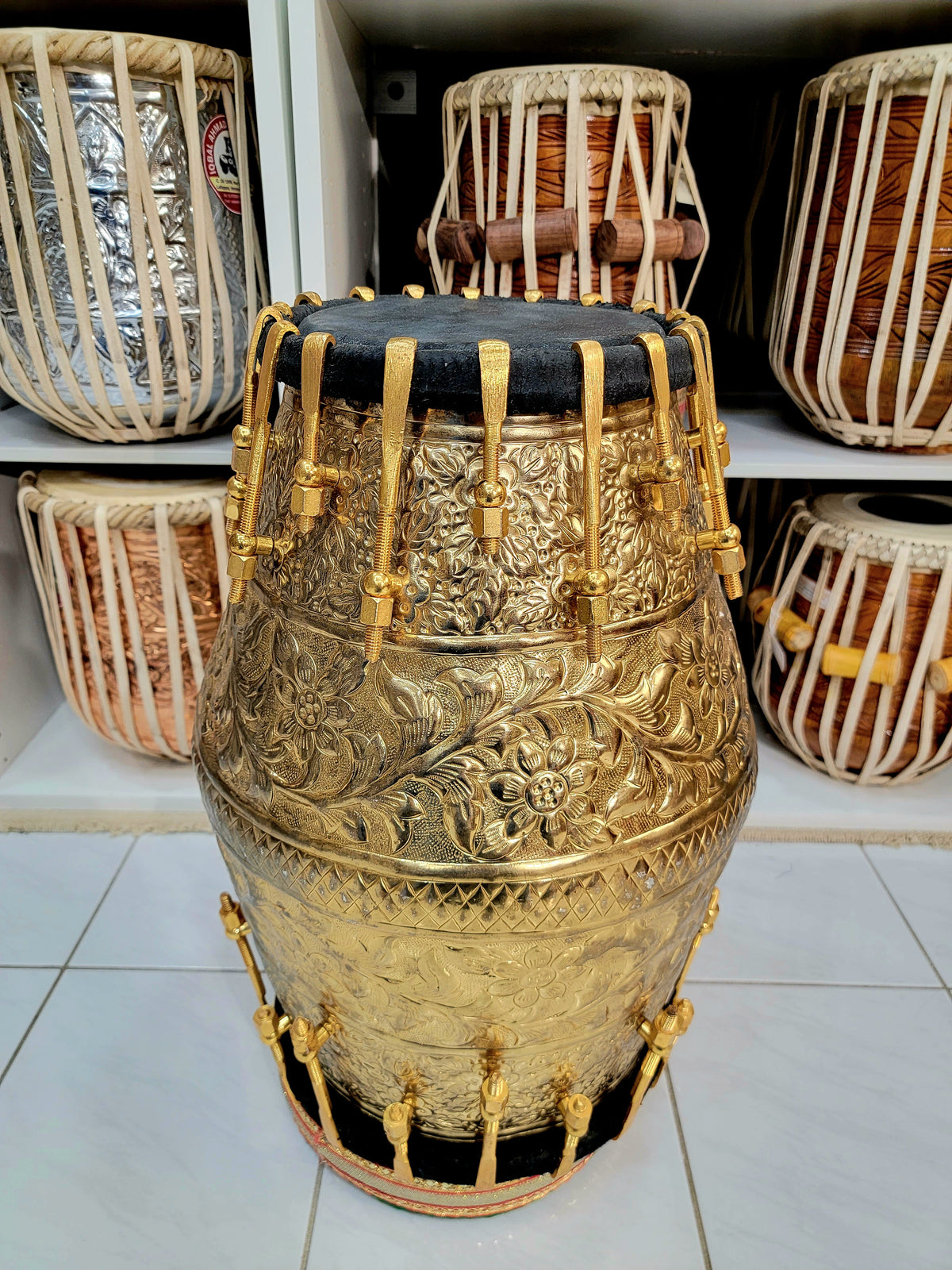 World's Rarest Pure Copper Dholak (Black Pudi + 36-Pure Brass Bolts + Engravements) + Premium Golden Tasha - Sangeet Store