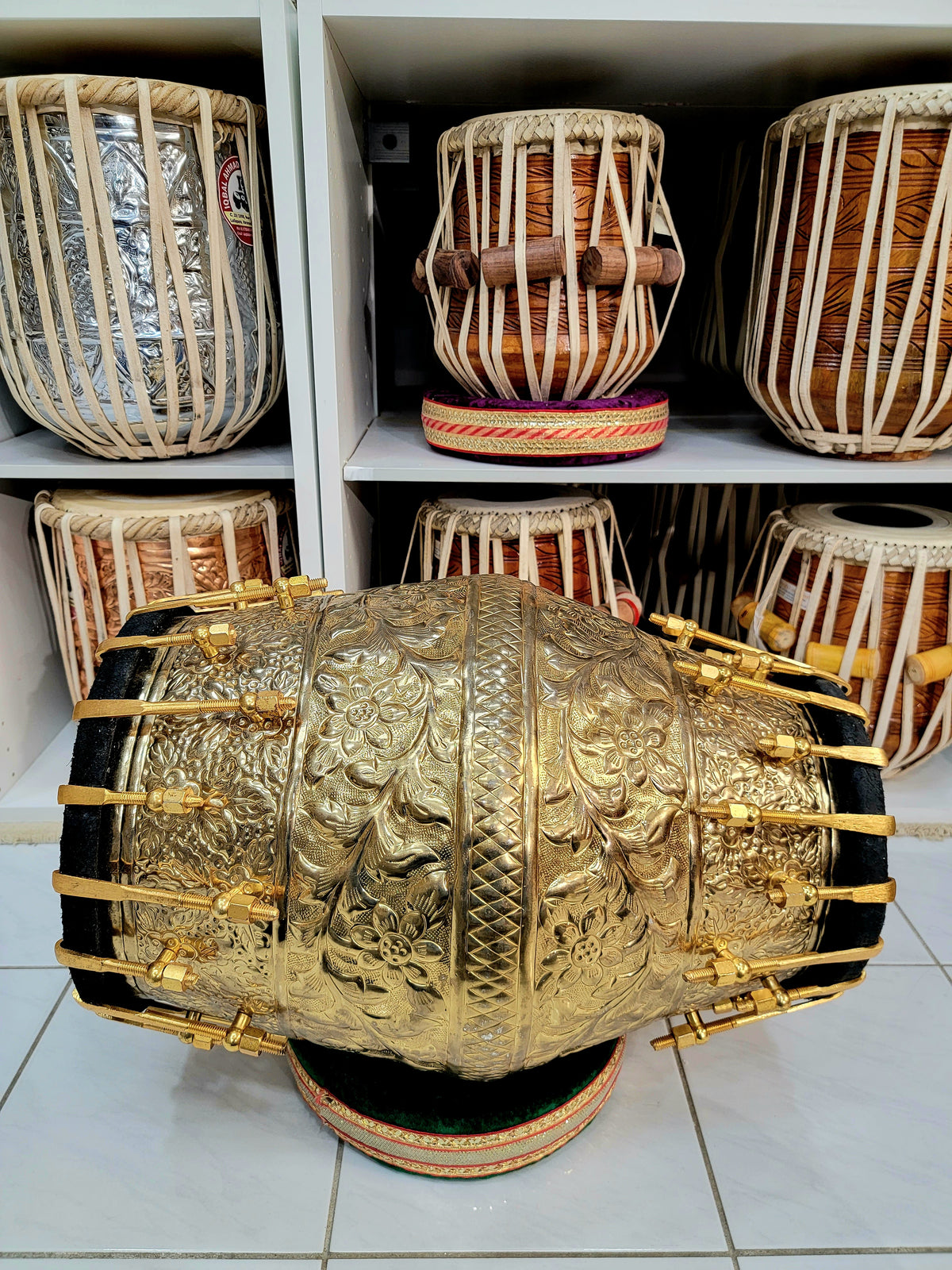 World's Rarest Pure Copper Dholak (Black Pudi + 36-Pure Brass Bolts + Engravements) + Premium Golden Tasha - Sangeet Store