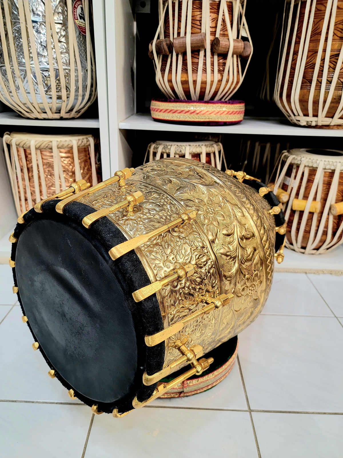 World's Rarest Pure Copper Dholak (Black Pudi + 36-Pure Brass Bolts + Engravements) + Premium Golden Tasha - Sangeet Store