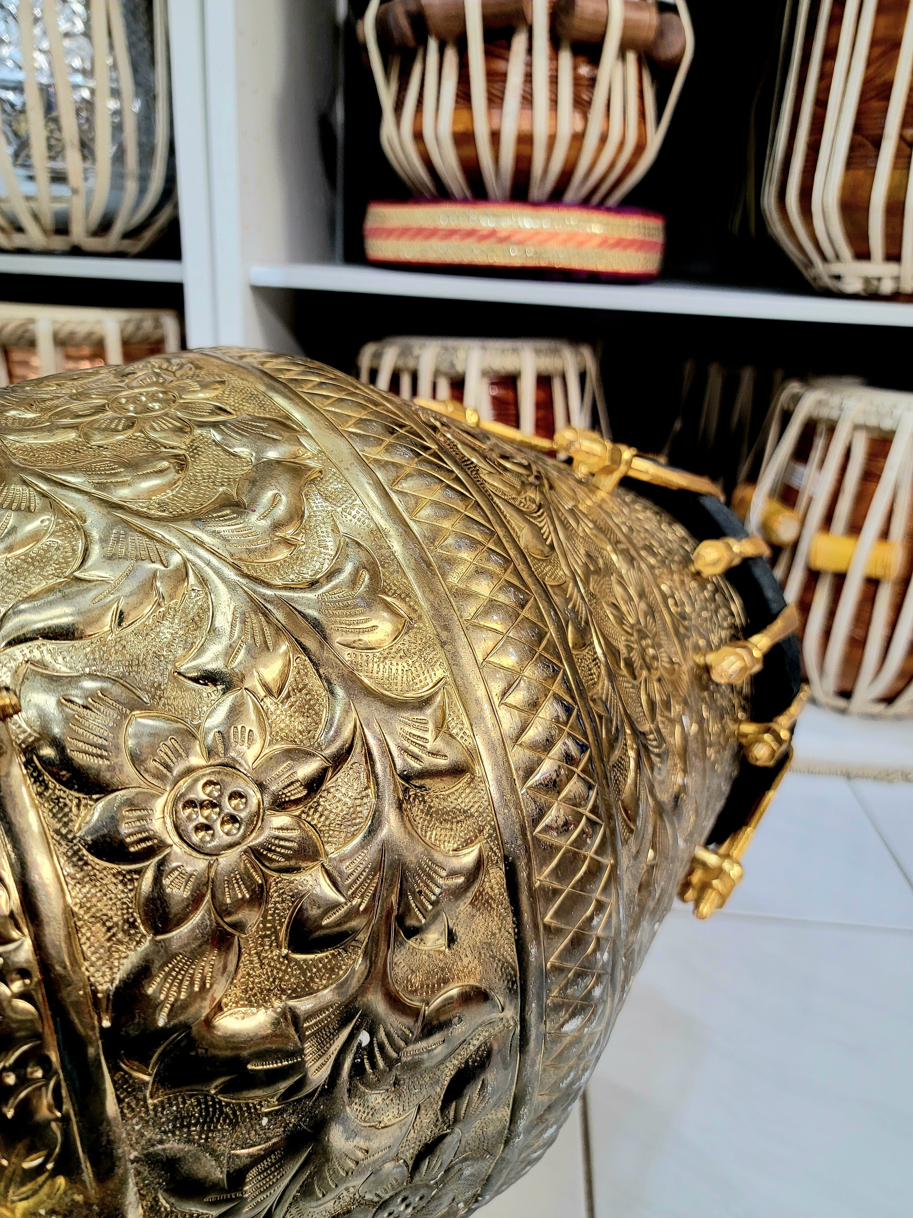 World's Rarest Pure Copper Dholak (Black Pudi + 36-Pure Brass Bolts + Engravements) + Premium Golden Tasha - Sangeet Store