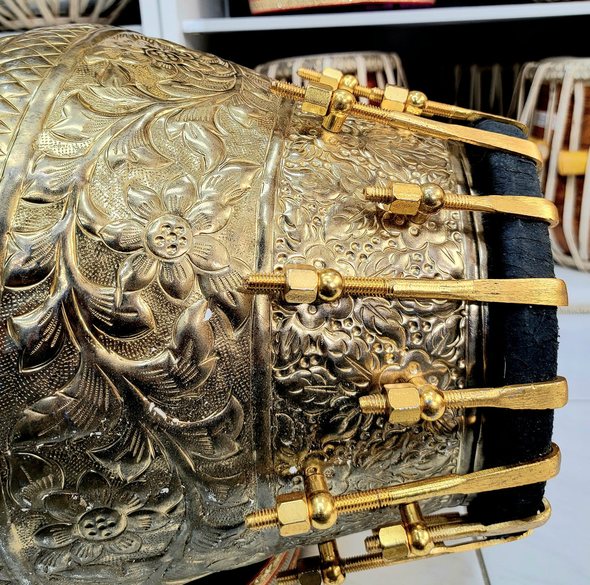 World's Rarest Pure Copper Dholak (Black Pudi + 36-Pure Brass Bolts + Engravements) + Premium Golden Tasha - Sangeet Store