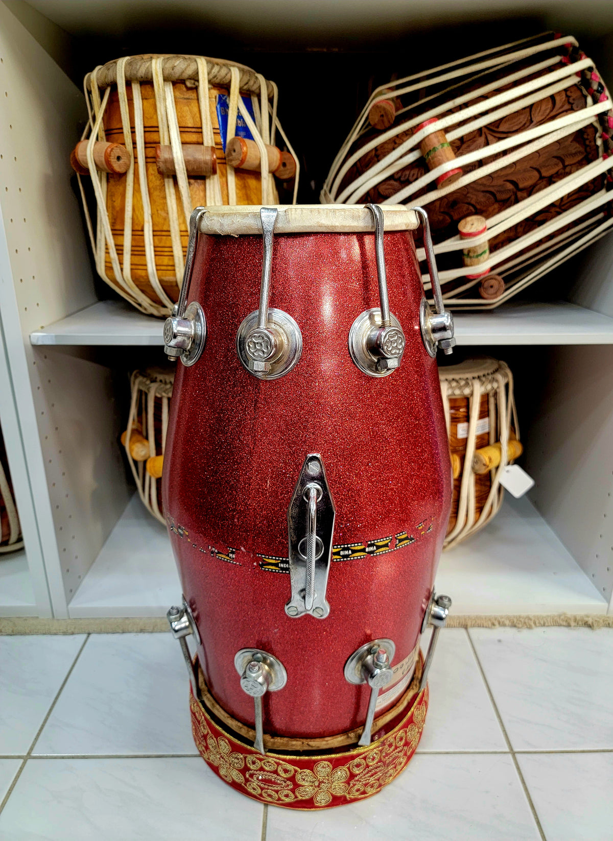 Refurbished Sparkly Red Bina Dholak (Sold as is) - Sangeet Store