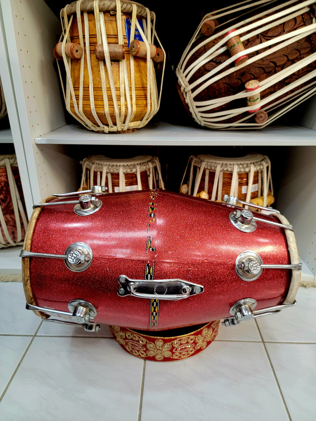 Refurbished Sparkly Red Bina Dholak (Sold as is) - Sangeet Store