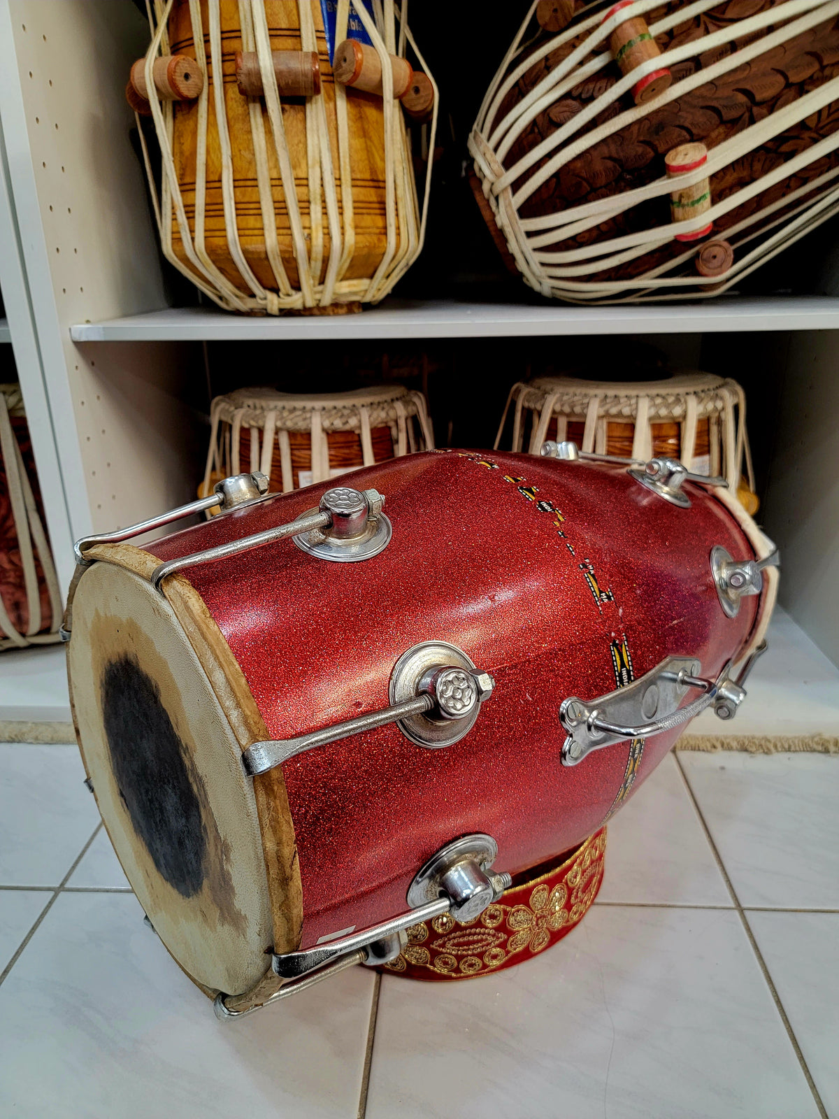 Refurbished Sparkly Red Bina Dholak (Sold as is) - Sangeet Store