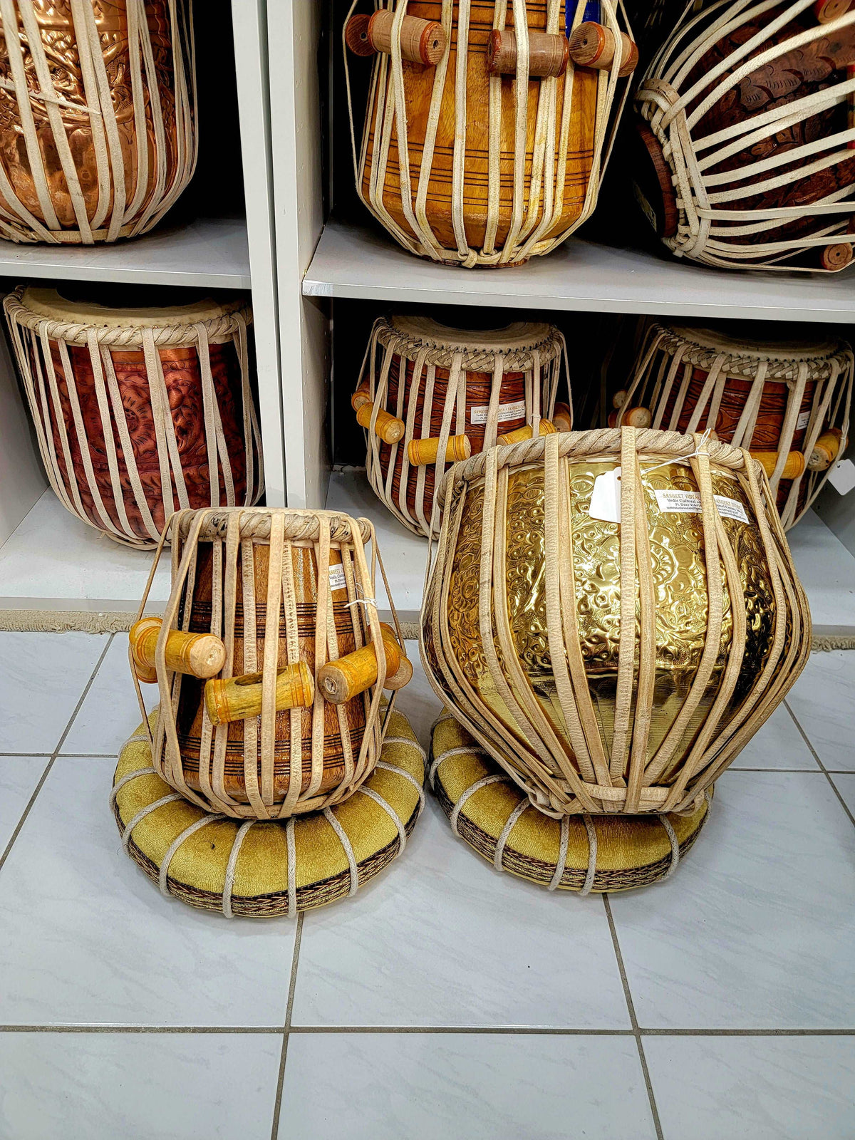 Advanced Student Quality Golden Tabla Set (5.0" E Scale + Brass) - Sangeet Store