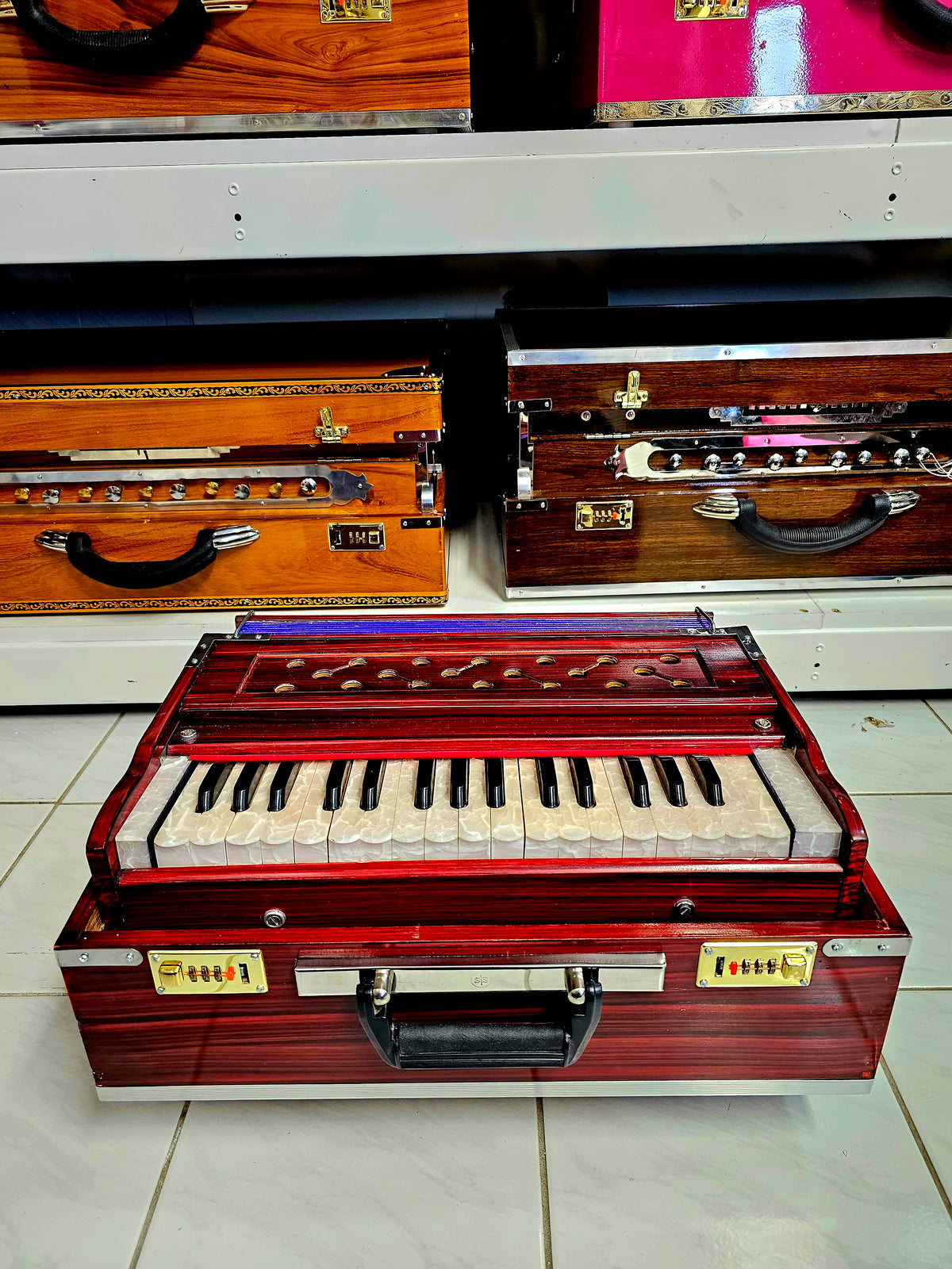 Cherry Red 32 Key 2 Reed Pine Wood Traveller Harmonium - Sangeet Store