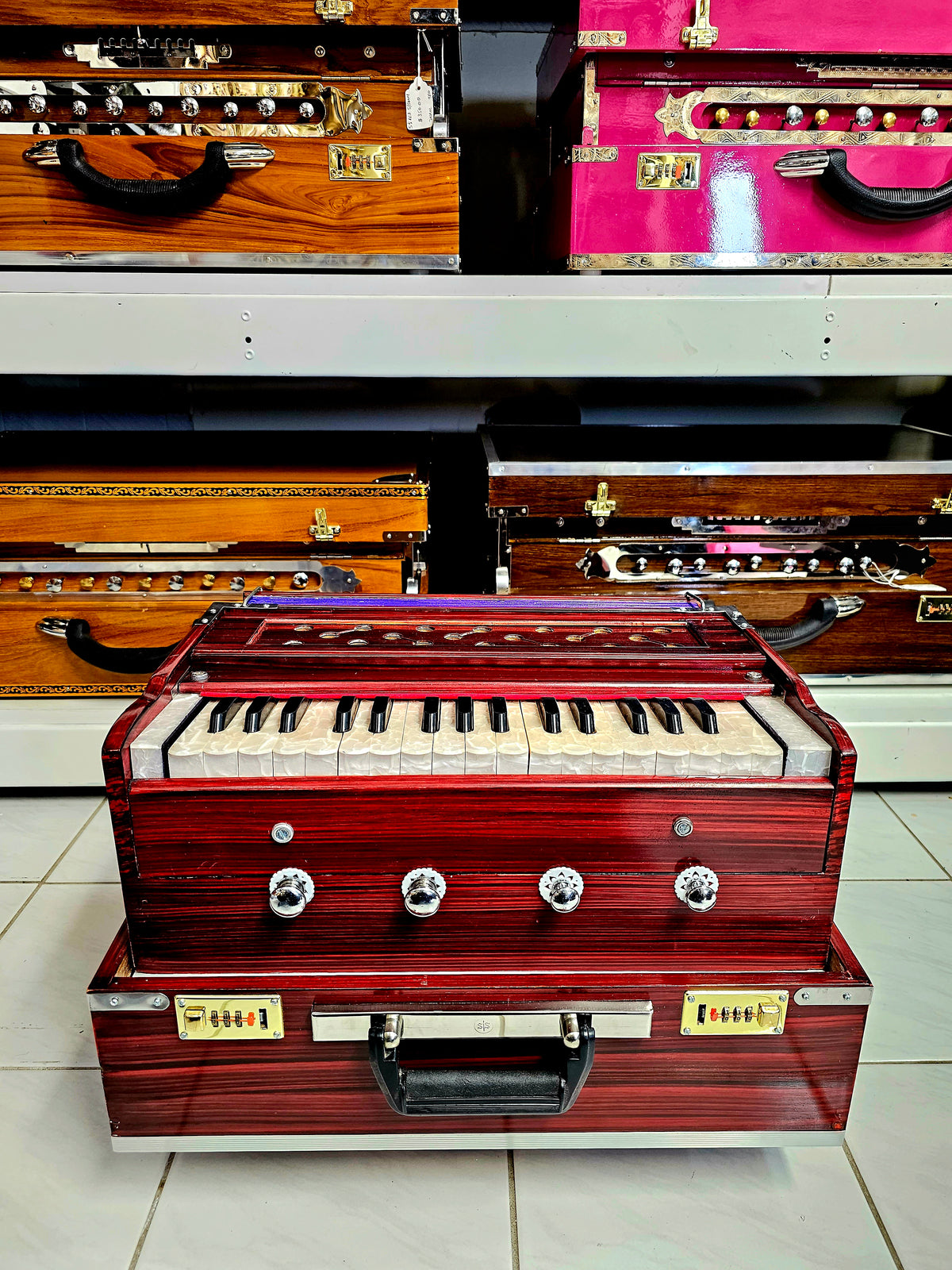 Cherry Red 32 Key 2 Reed Pine Wood Traveller Harmonium - Sangeet Store