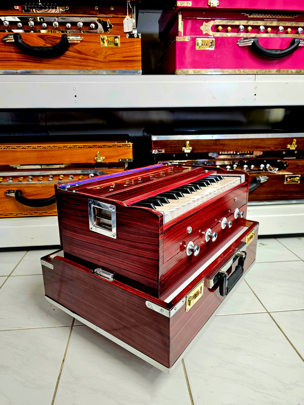 Cherry Red 32 Key 2 Reed Pine Wood Traveller Harmonium - Sangeet Store