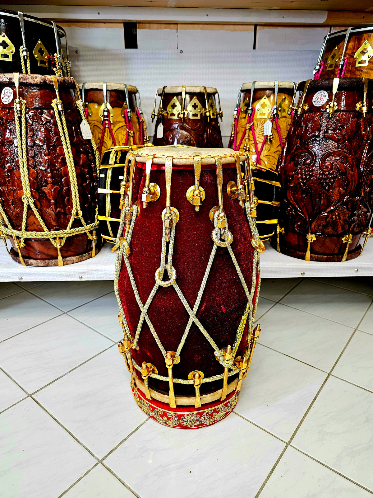 Luxury Dark Red & Gold Velvet Dholak (36-Bolted) - Sangeet Store