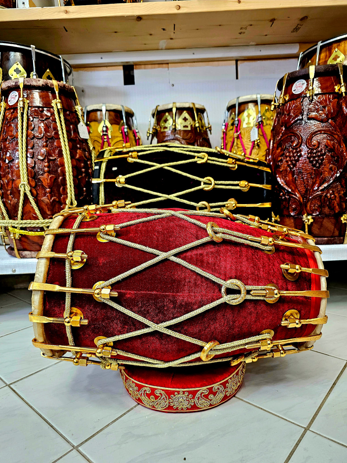 Luxury Dark Red & Gold Velvet Dholak (36-Bolted) - Sangeet Store