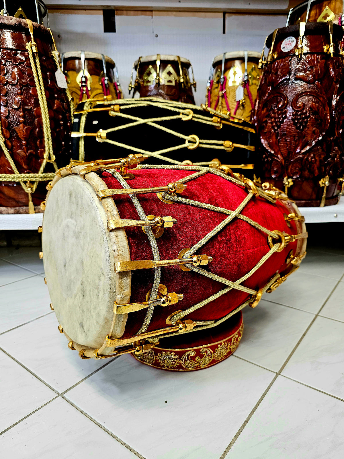 Luxury Dark Red & Gold Velvet Dholak (36-Bolted) - Sangeet Store