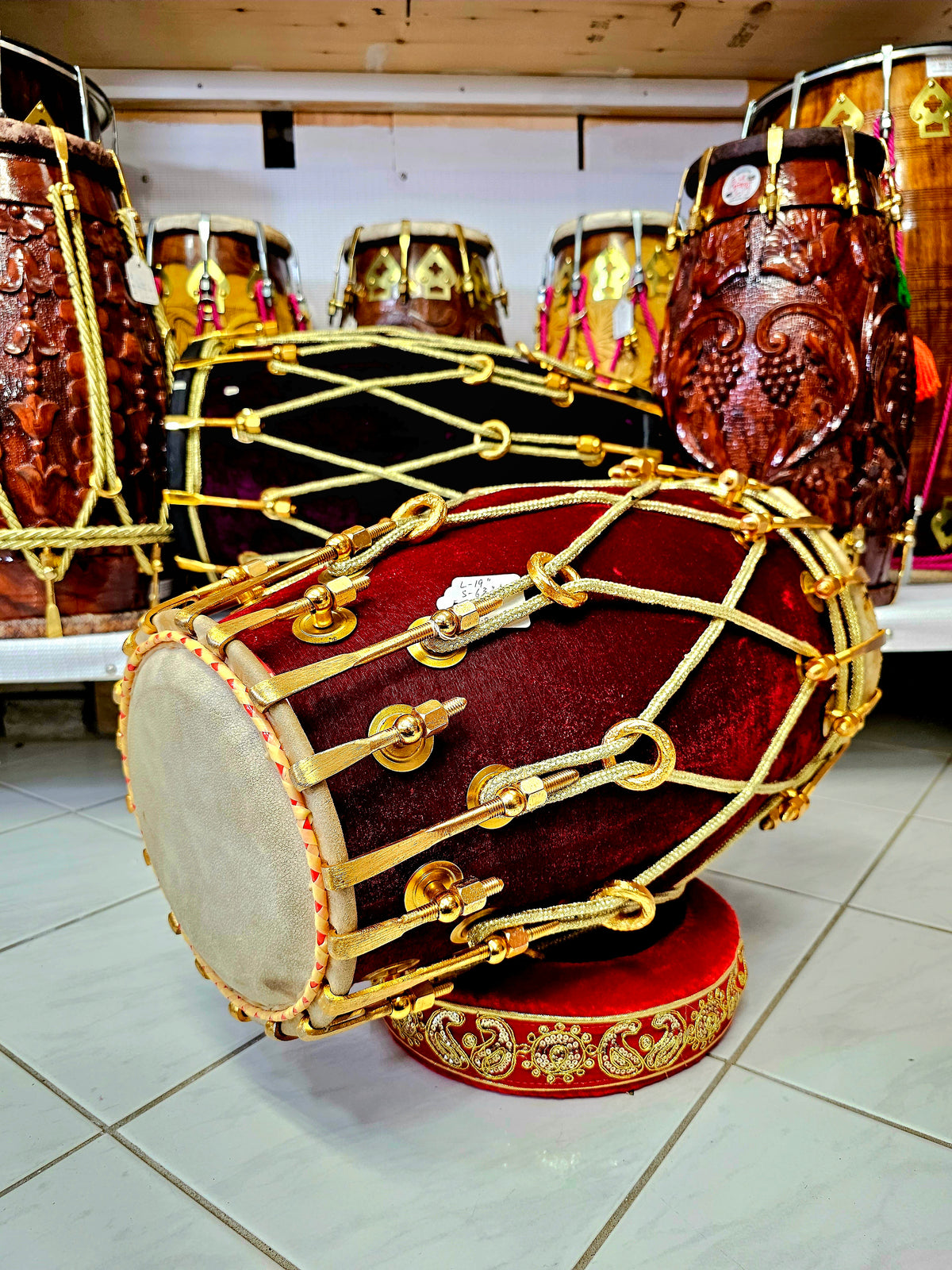 Luxury Dark Red & Gold Velvet Dholak (36-Bolted) - Sangeet Store