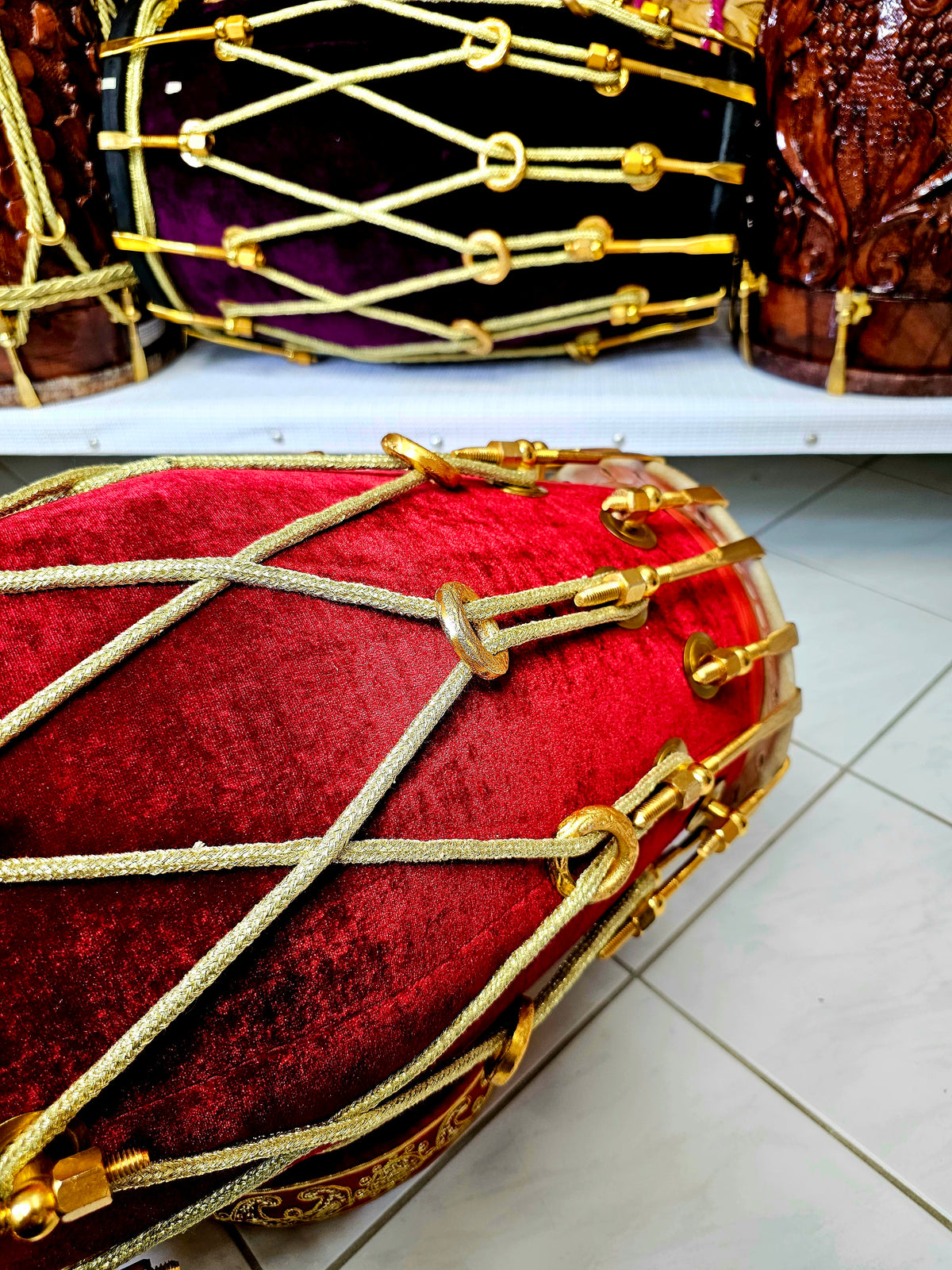 Luxury Dark Red & Gold Velvet Dholak (36-Bolted) - Sangeet Store