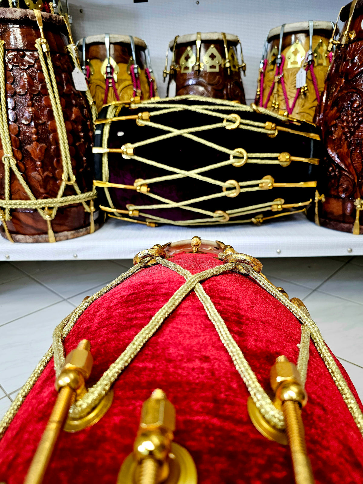 Luxury Dark Red & Gold Velvet Dholak (36-Bolted) - Sangeet Store