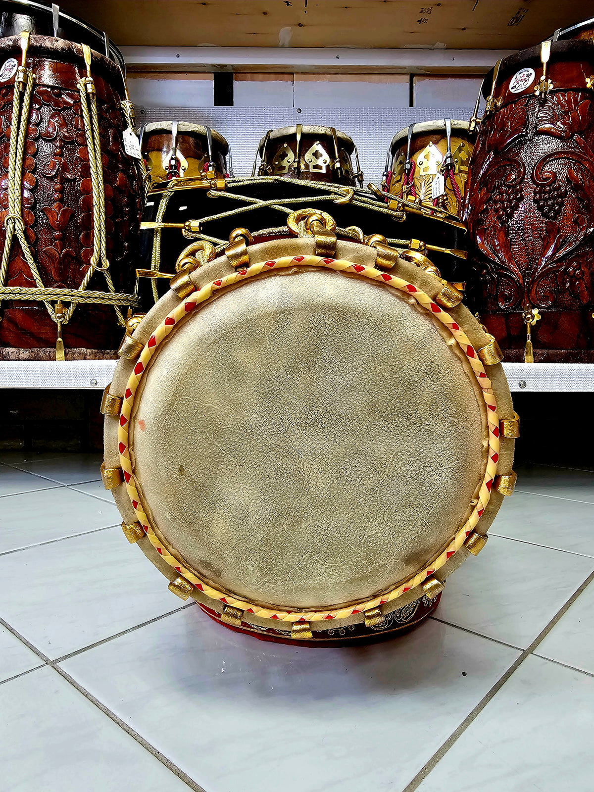 Luxury Dark Red & Gold Velvet Dholak (36-Bolted) - Sangeet Store