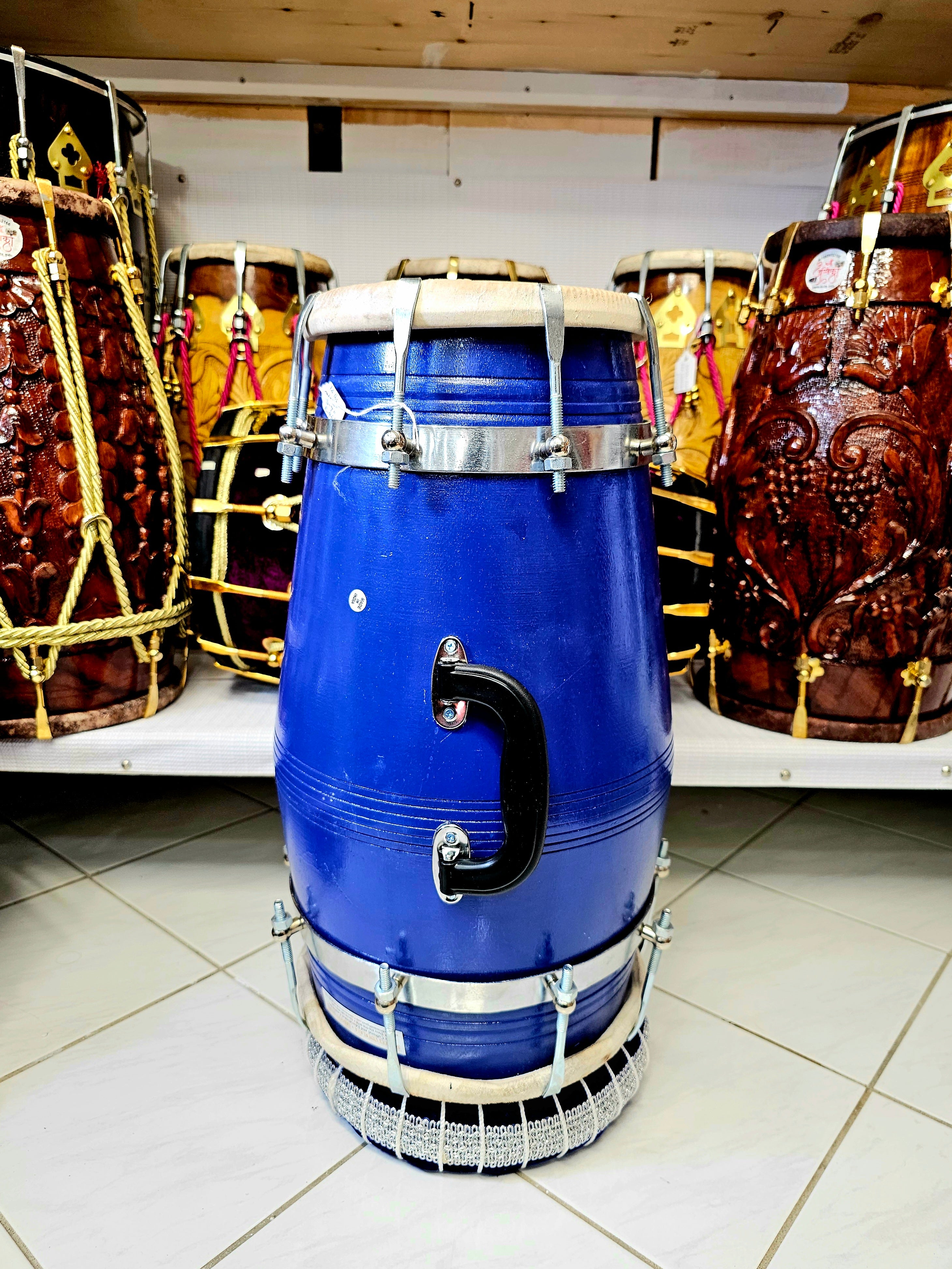 The Sapphire Symphony Dholak - A Professional Blue Mango Wood Dholak with Chrome Bolts, Metal Rings and a Handle!