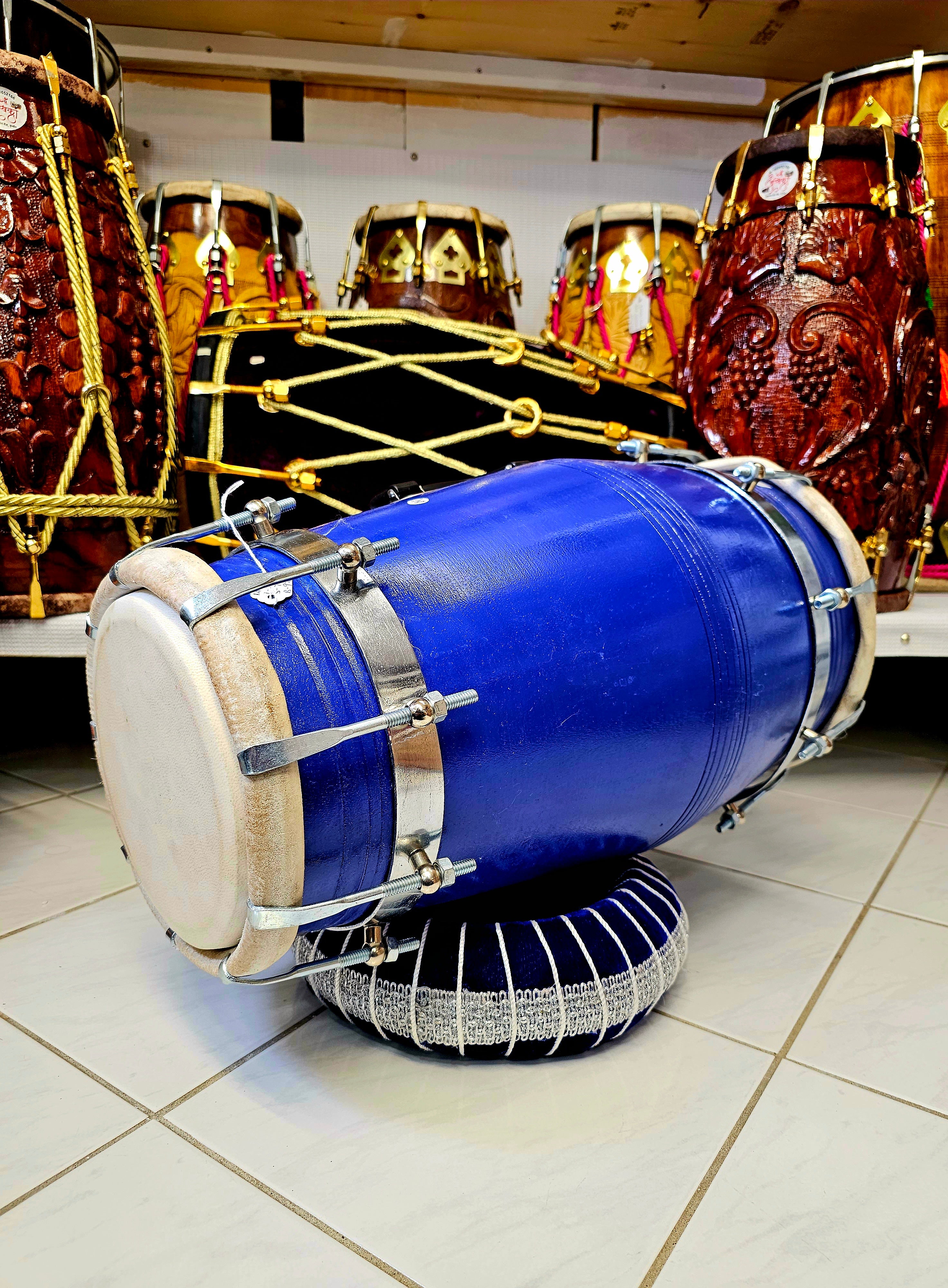 The Sapphire Symphony Dholak - A Professional Blue Mango Wood Dholak with Chrome Bolts, Metal Rings and a Handle!