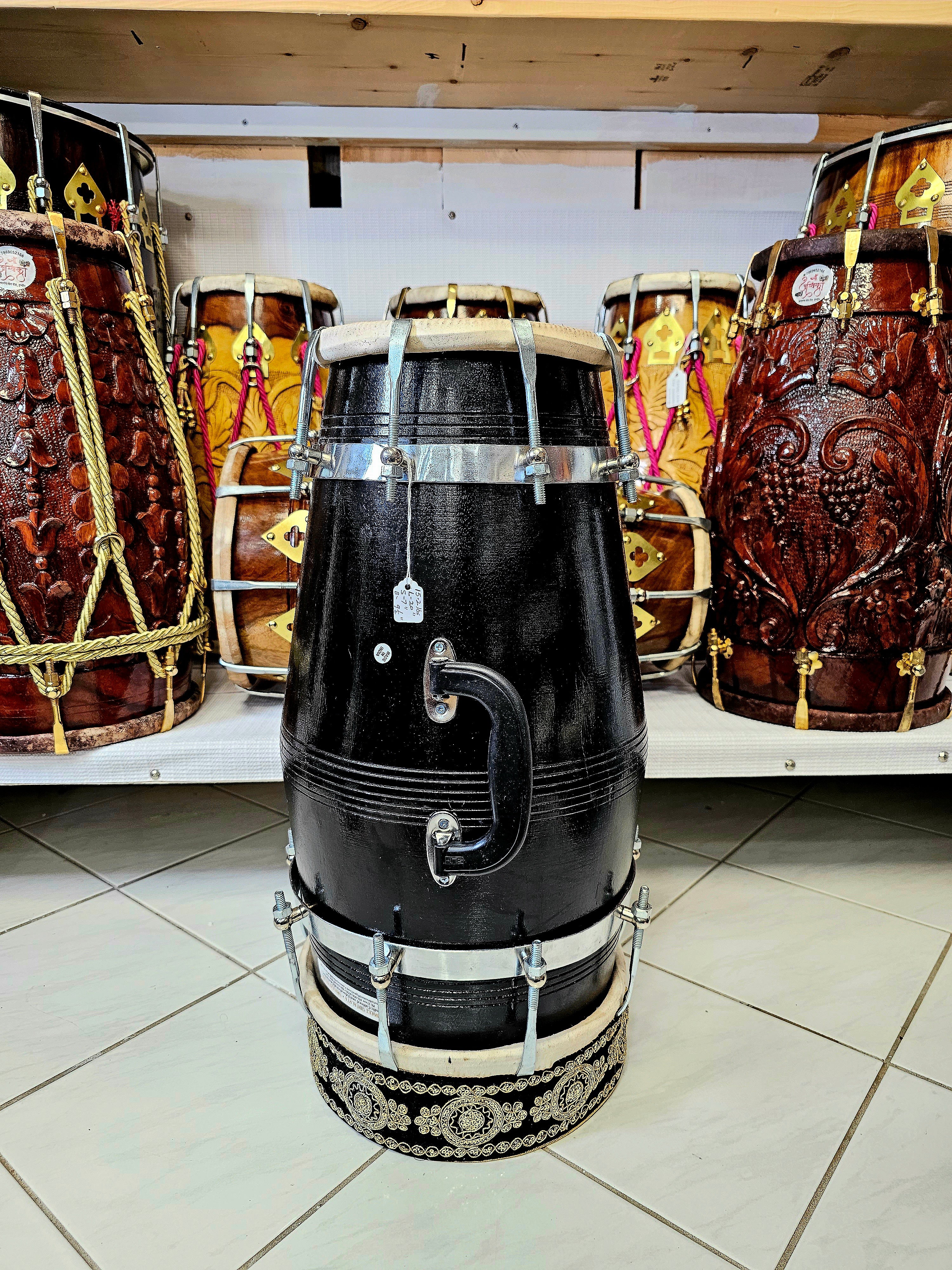 The Onyx Sonic Dholak - A Black Professional Mango Wood Dholak with Chrome Bolts, Metal Rings and a Handle!