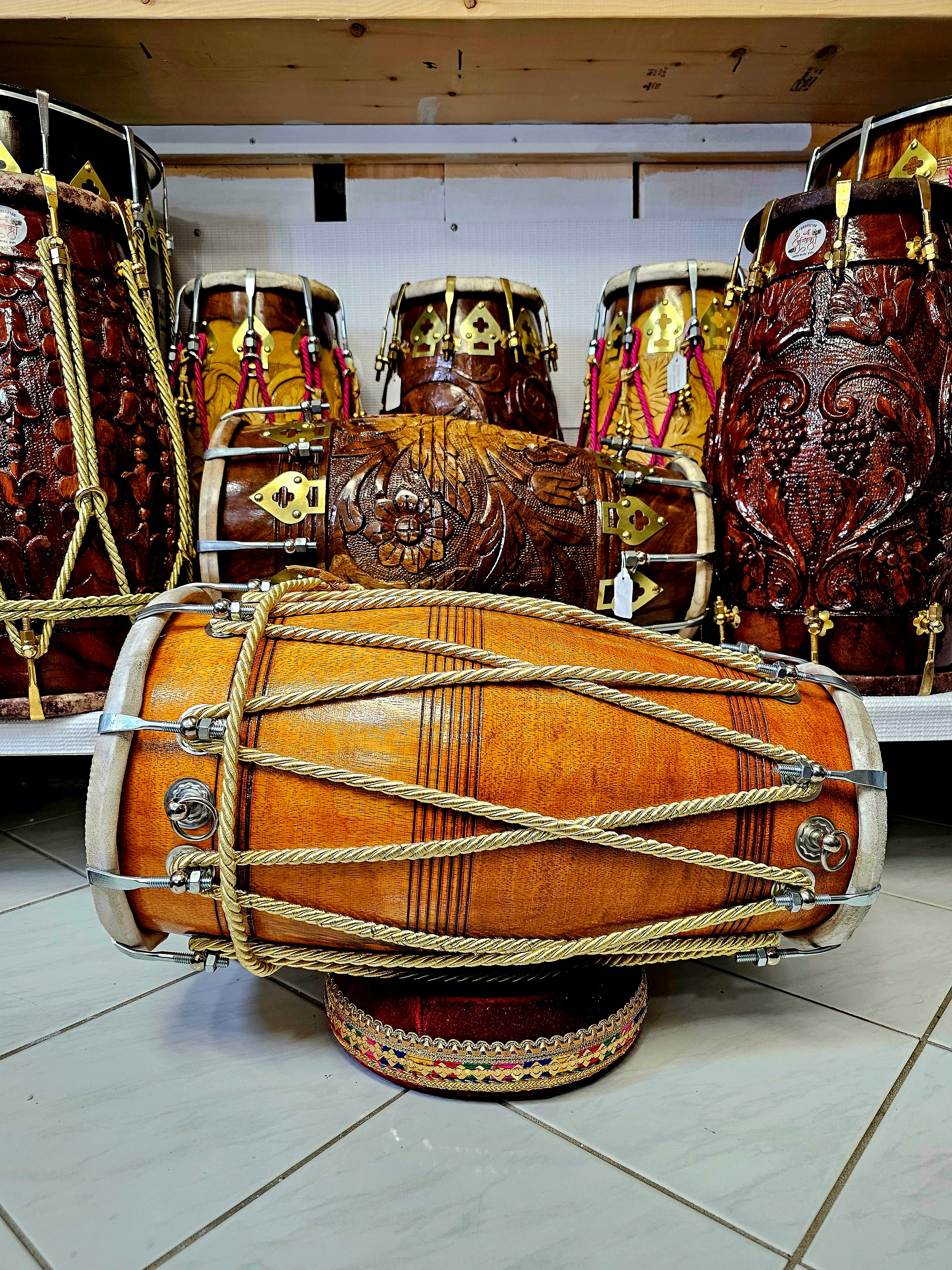 The ChromaGold Glosswood Dholak - A Professional Mango Wood Dholak with Golden Ropes, Natural Glossy Finish, and Chrome Bolts!