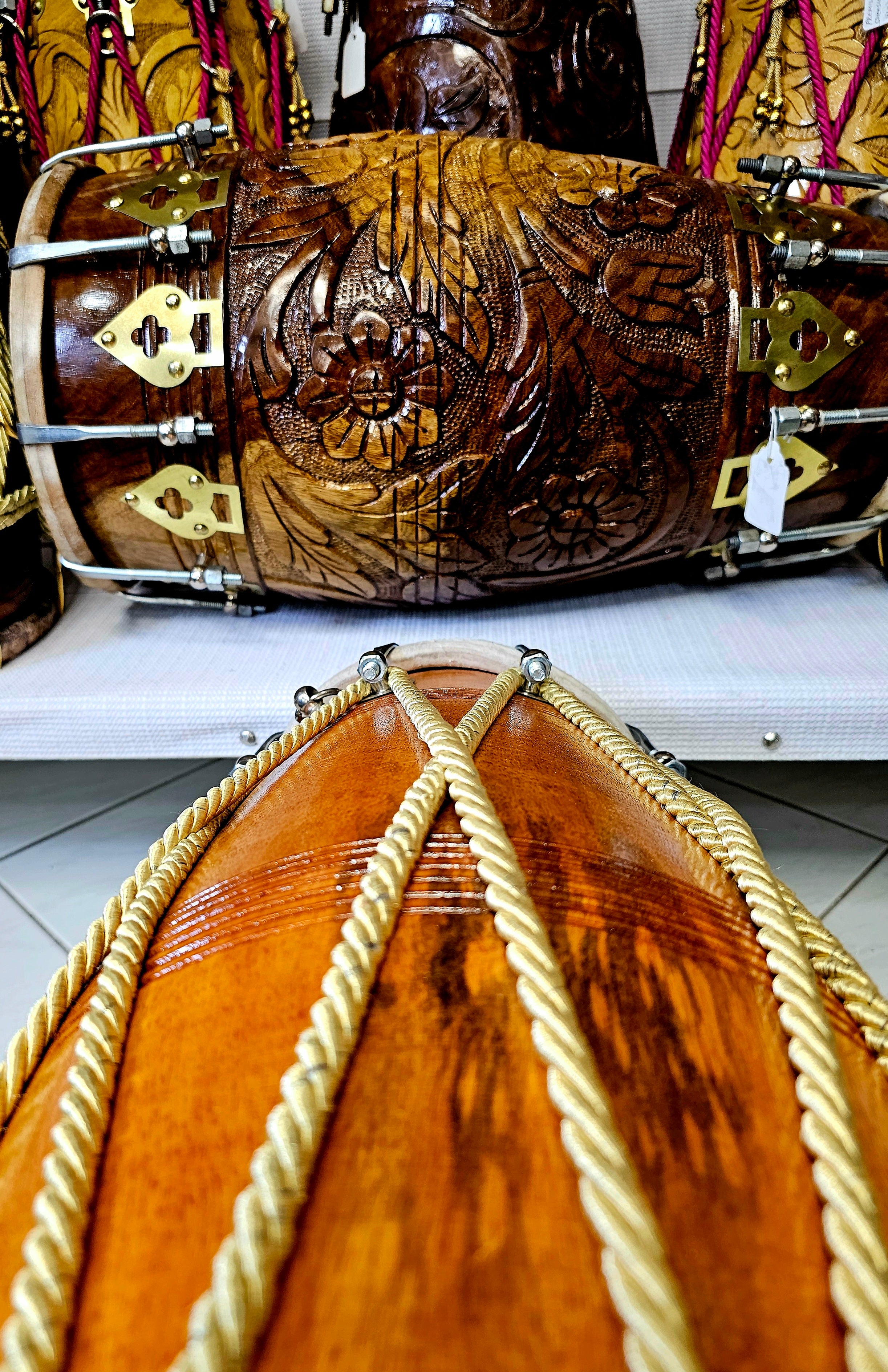 The ChromaGold Glosswood Dholak - A Professional Mango Wood Dholak with Golden Ropes, Natural Glossy Finish, and Chrome Bolts!