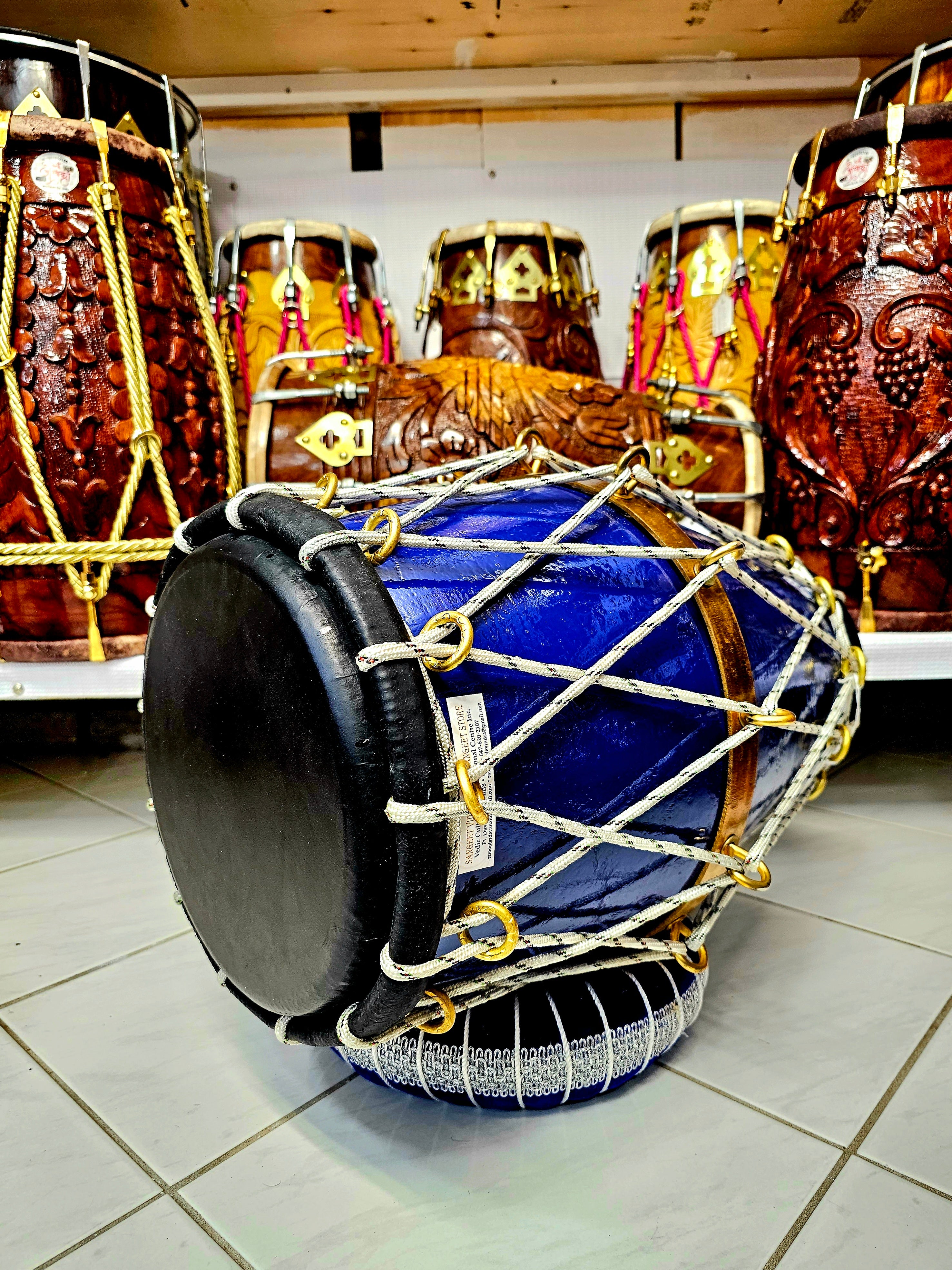 The Caribbean Breeze Compact Dholak - A Blue Compact 19" West-Indian Dholak with White Ropes and Golden Rings!