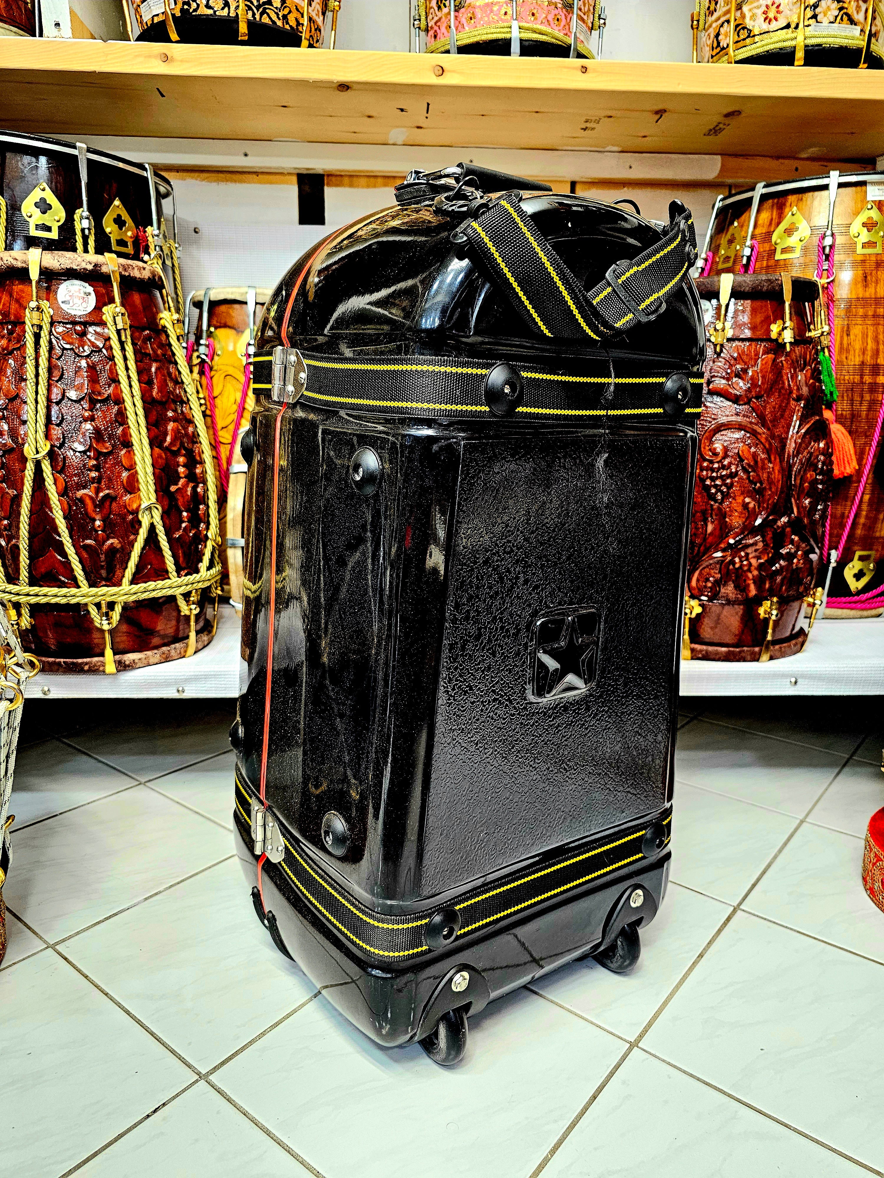 Rhythmic Roamer Tabla Traveler - A Black Hard Travel Case with Handle, Wheels, and Rich Red Felt Interior!