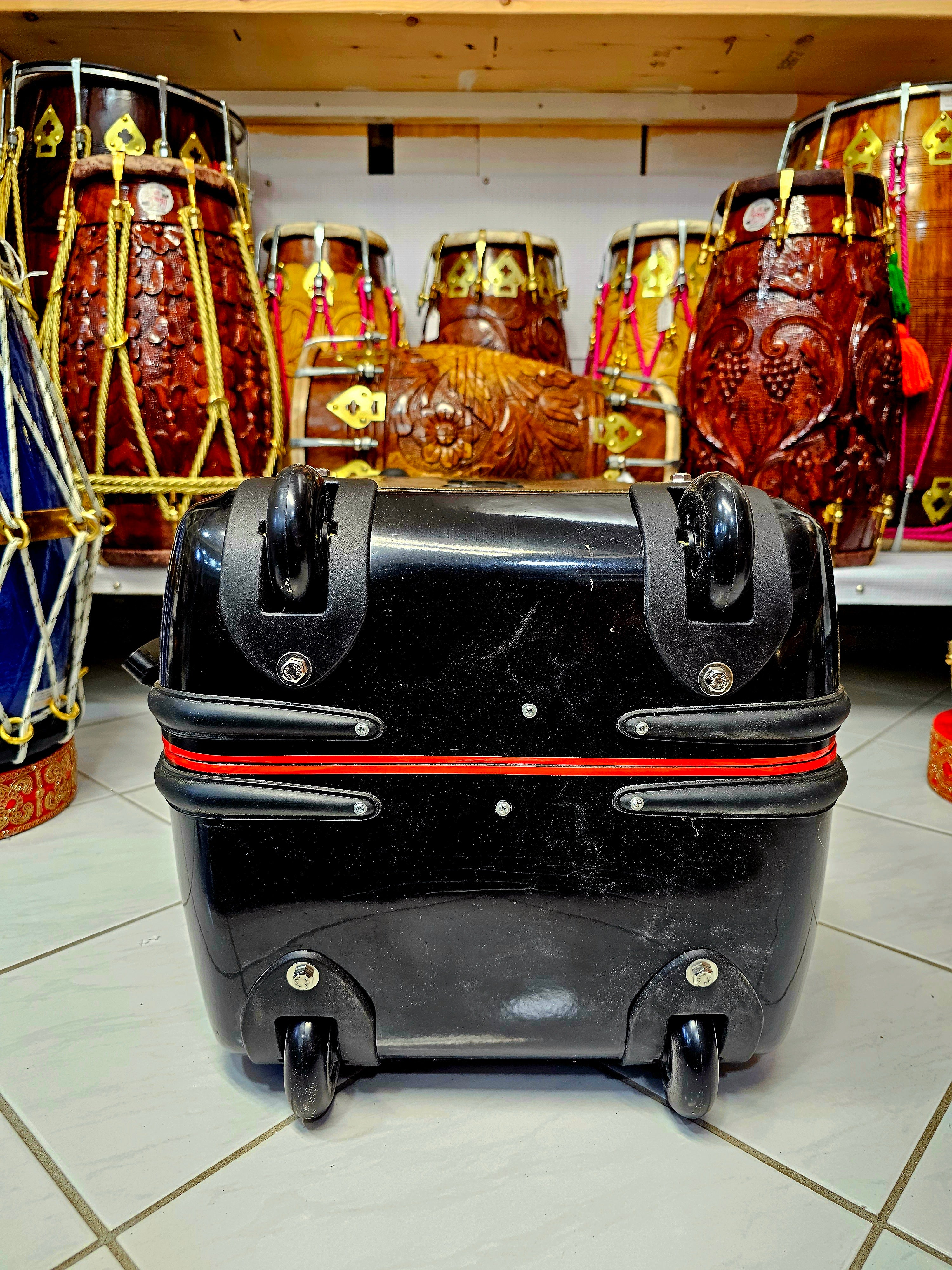 Rhythmic Roamer Tabla/Dholak Traveler - A Black Hard Travel Case with Handle, Wheels, and Rich Red Felt Interior!