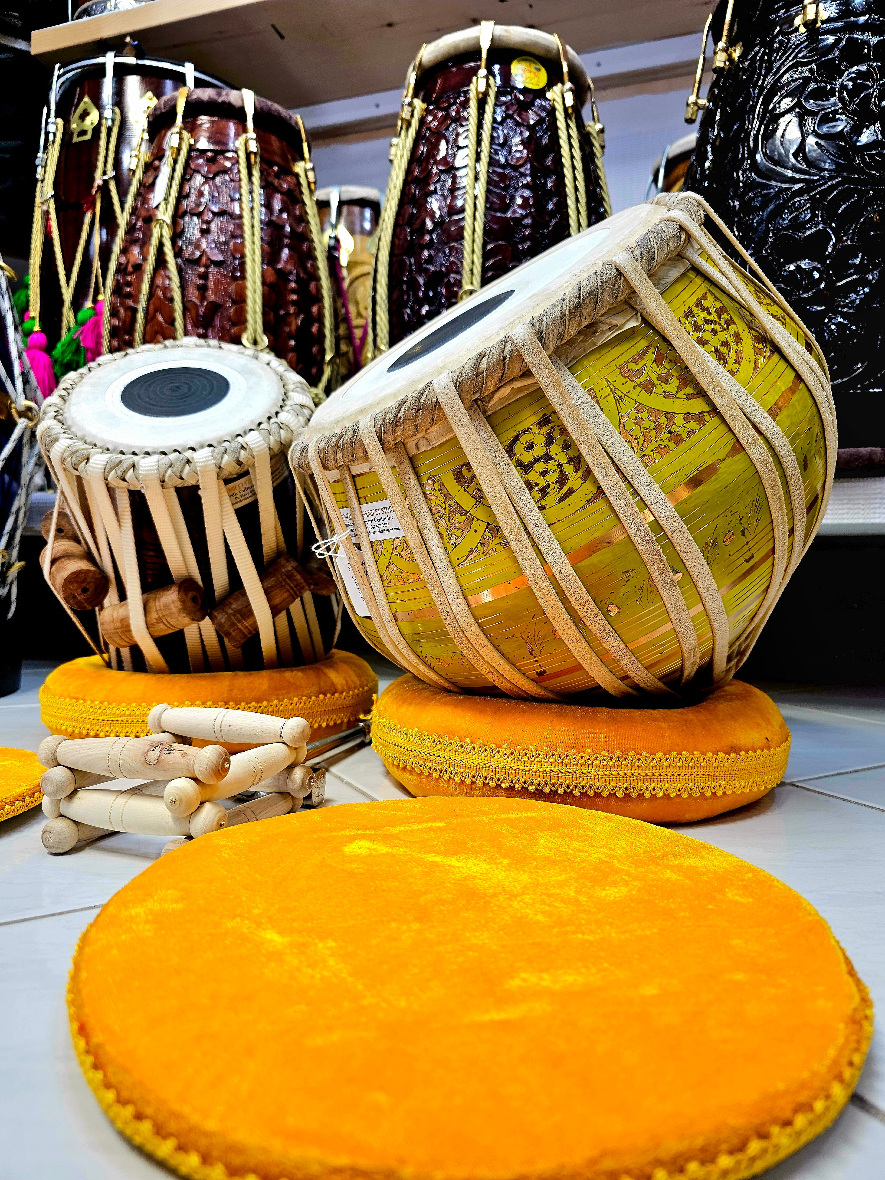 Sunlit Rhythms: 5.25" Red Sheesham Dayan + 9.25" Yellow Iqbal Bayan, Semi-pro Benares Tabla Set