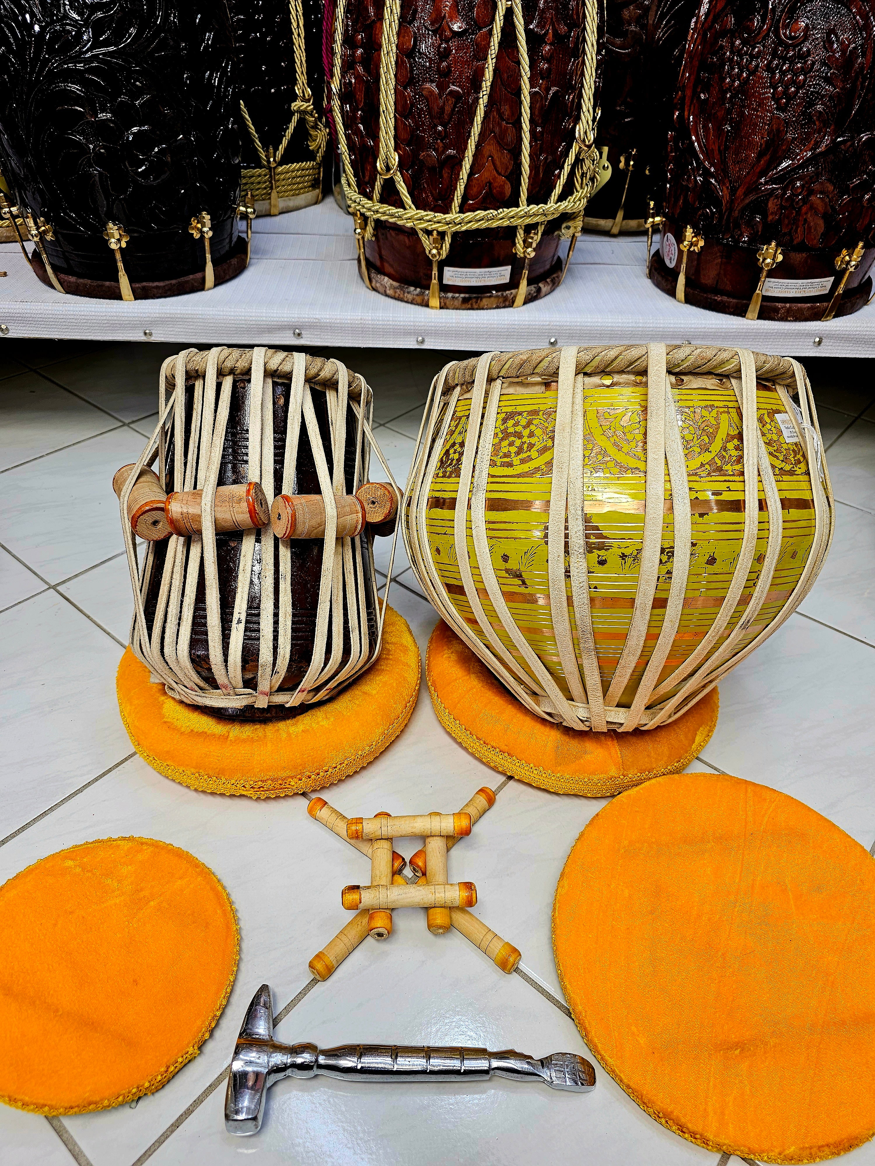 Iqbal Harmonic Echo Semi-Professional Tabla Set - 5" F Red Sheesham Dayan with Subtle Shell Imperfections and 9" Yellow & Gold Copper Bayan