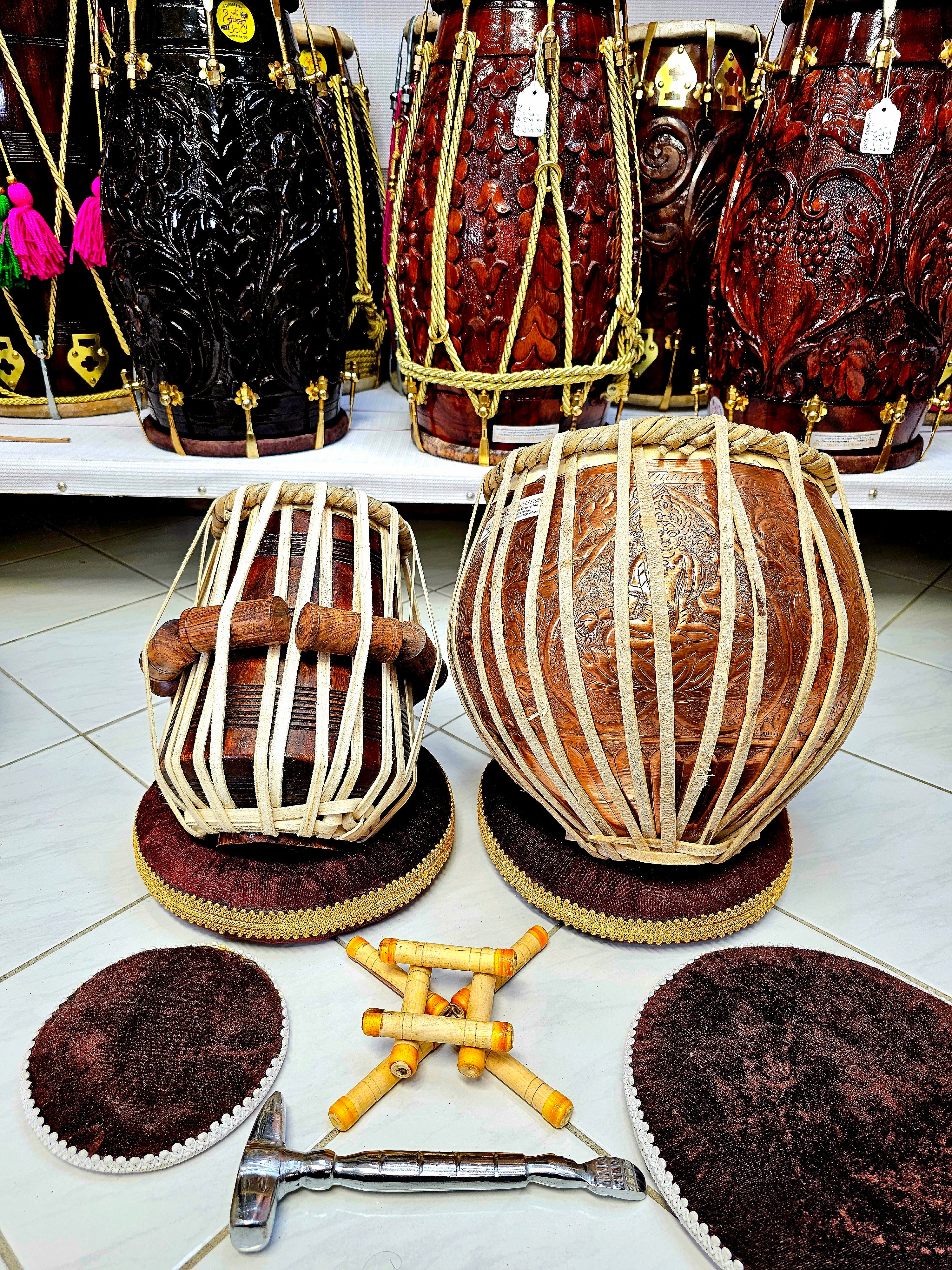 Durga Enchant Semi-Professional Tabla Set - 5" F# Red Sheesham Dayan and 9" Durga Encarved Brass Bayan