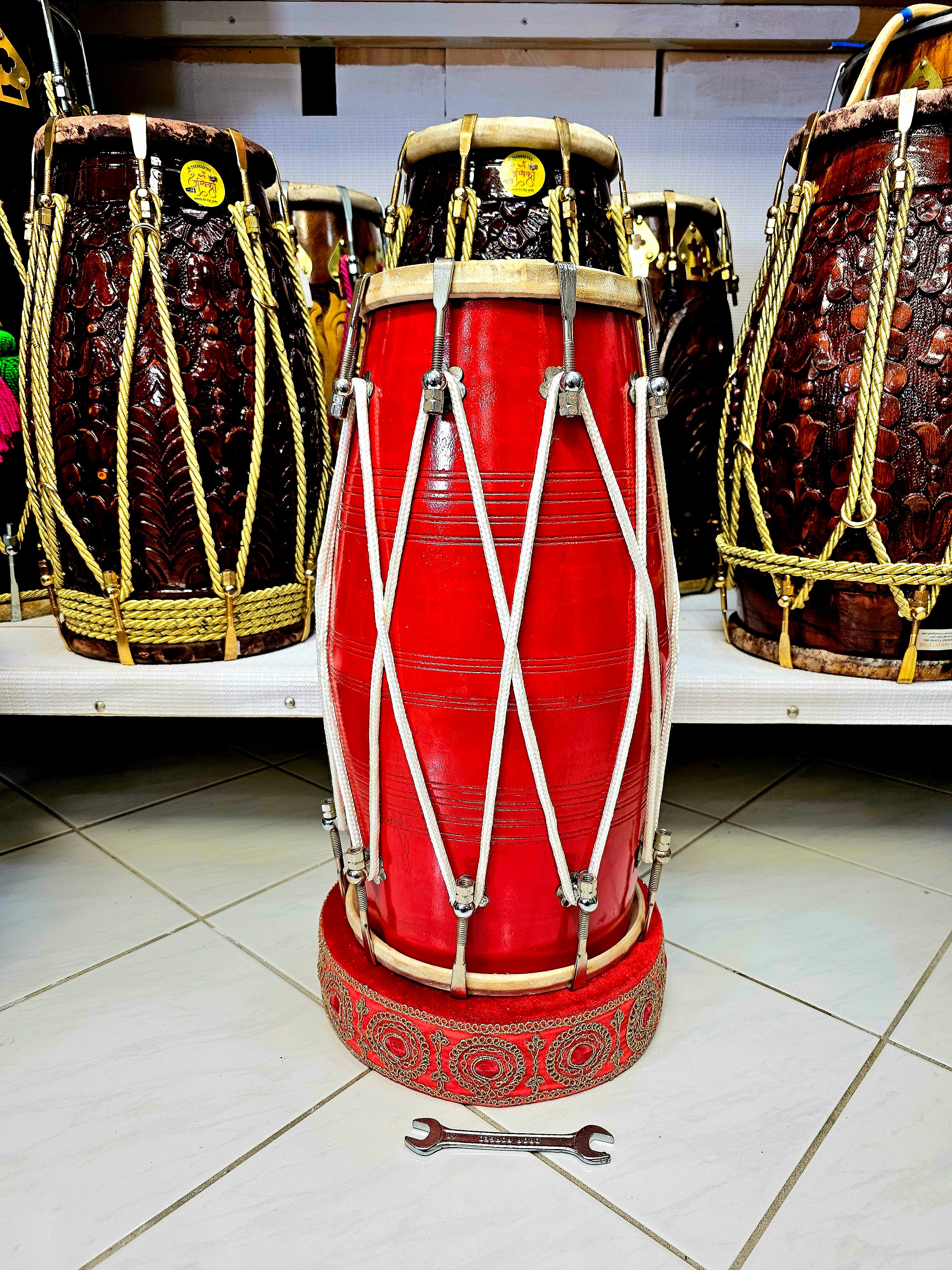 Mystic Rhythms Mango Wood Dholak - 18" Red with White Ropes Design