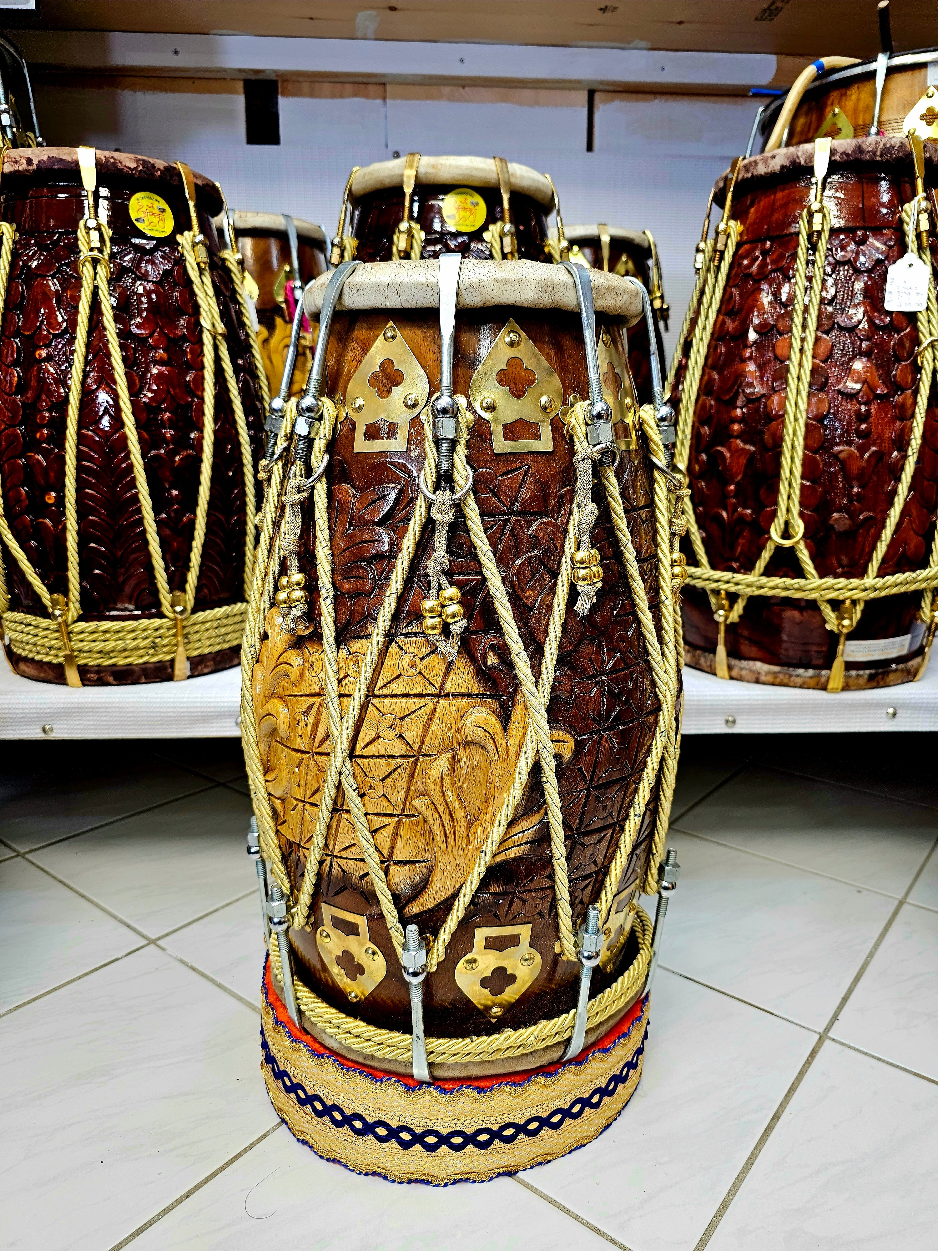 Harmonic Fusion Chetram Dholak - Lightweight 2-Tone Encarved Red Sheesham with Gold Ropes Design and Chrome Bolts