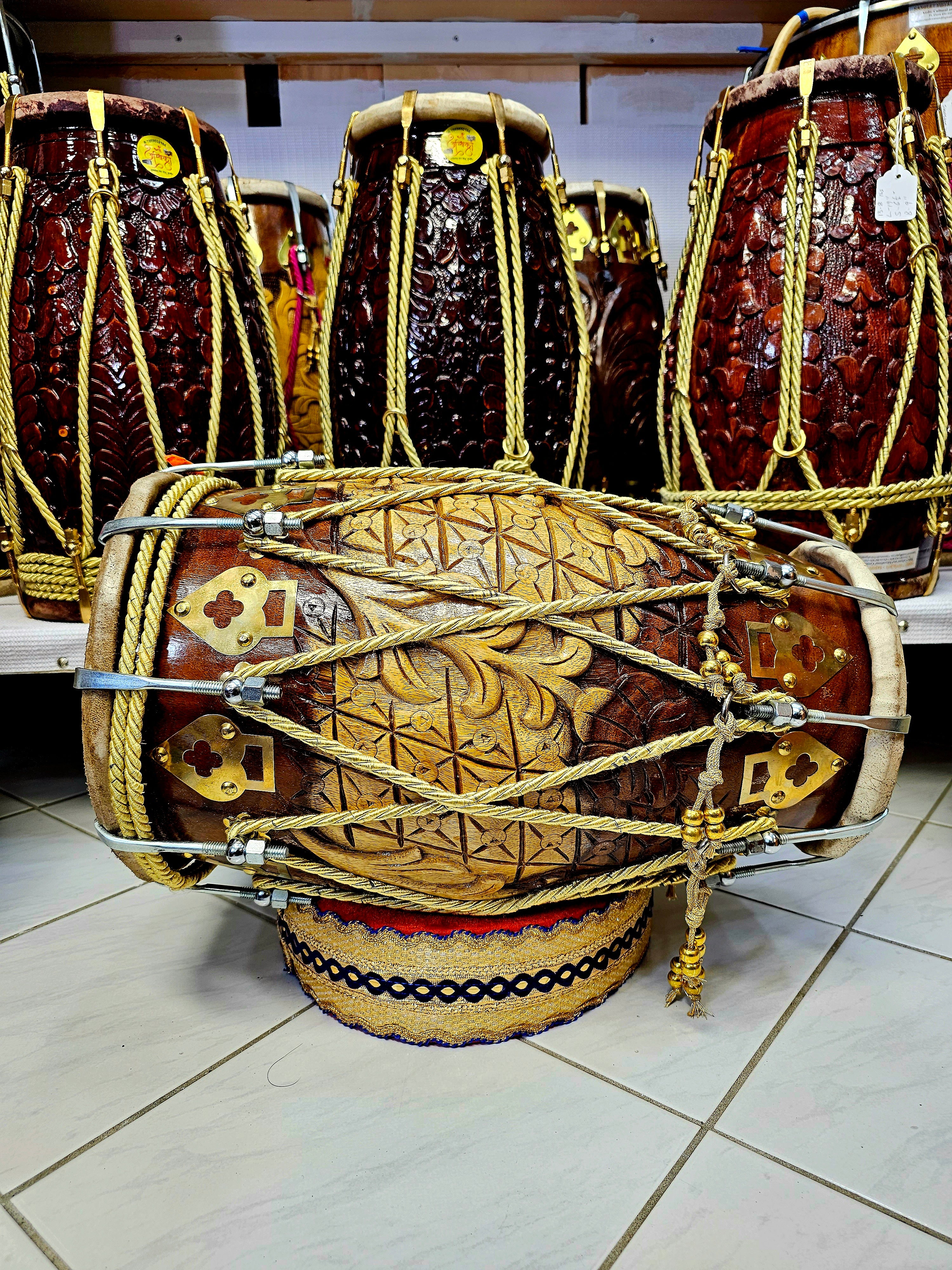 Harmonic Fusion Chetram Dholak - Lightweight 2-Tone Encarved Red Sheesham with Gold Ropes Design and Chrome Bolts