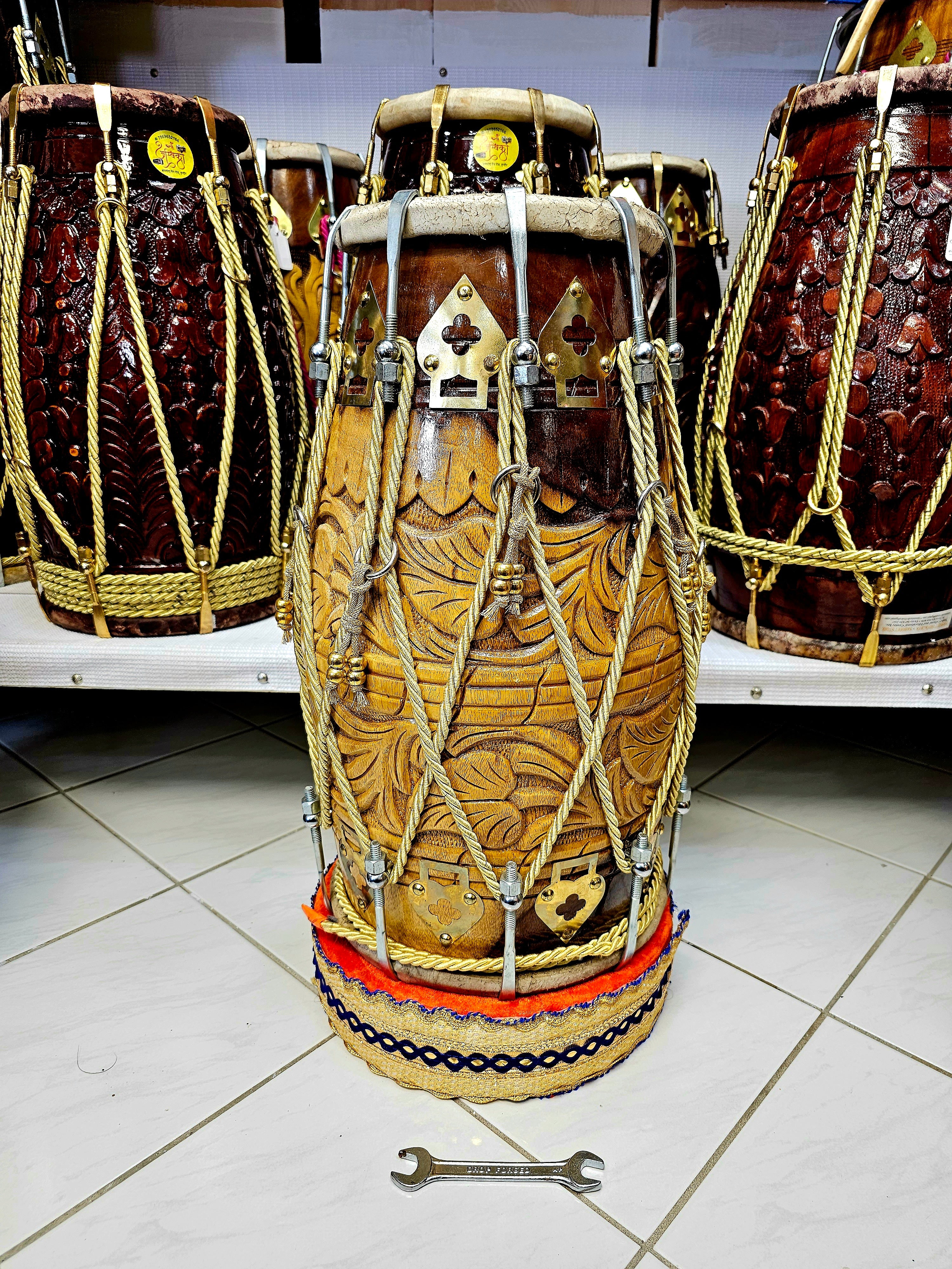 Vineyard Harmony Dholak - Lightweight 2-Tone Red Sheesham with Chrome Bolts and Golden Ropes Design