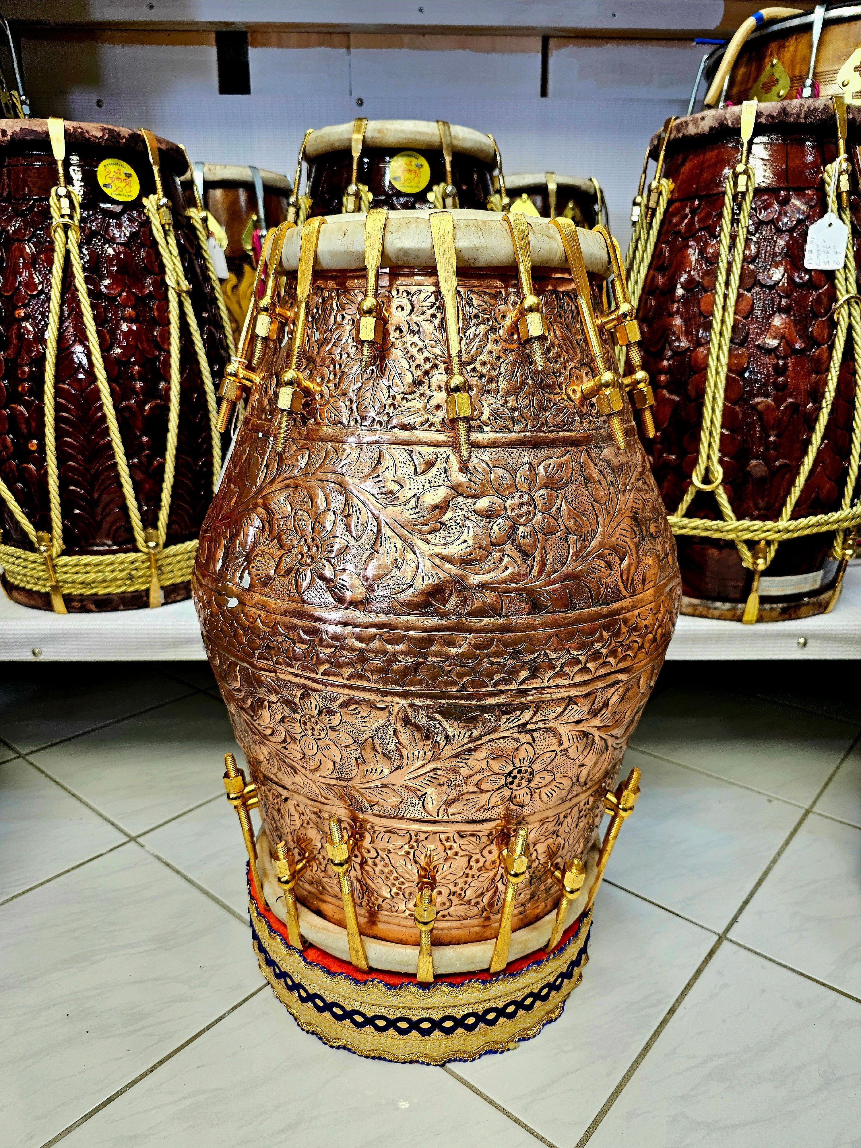 Artisanal Resonance Dholak - Pure Engraved Copper Body with Pure Brass Bolts