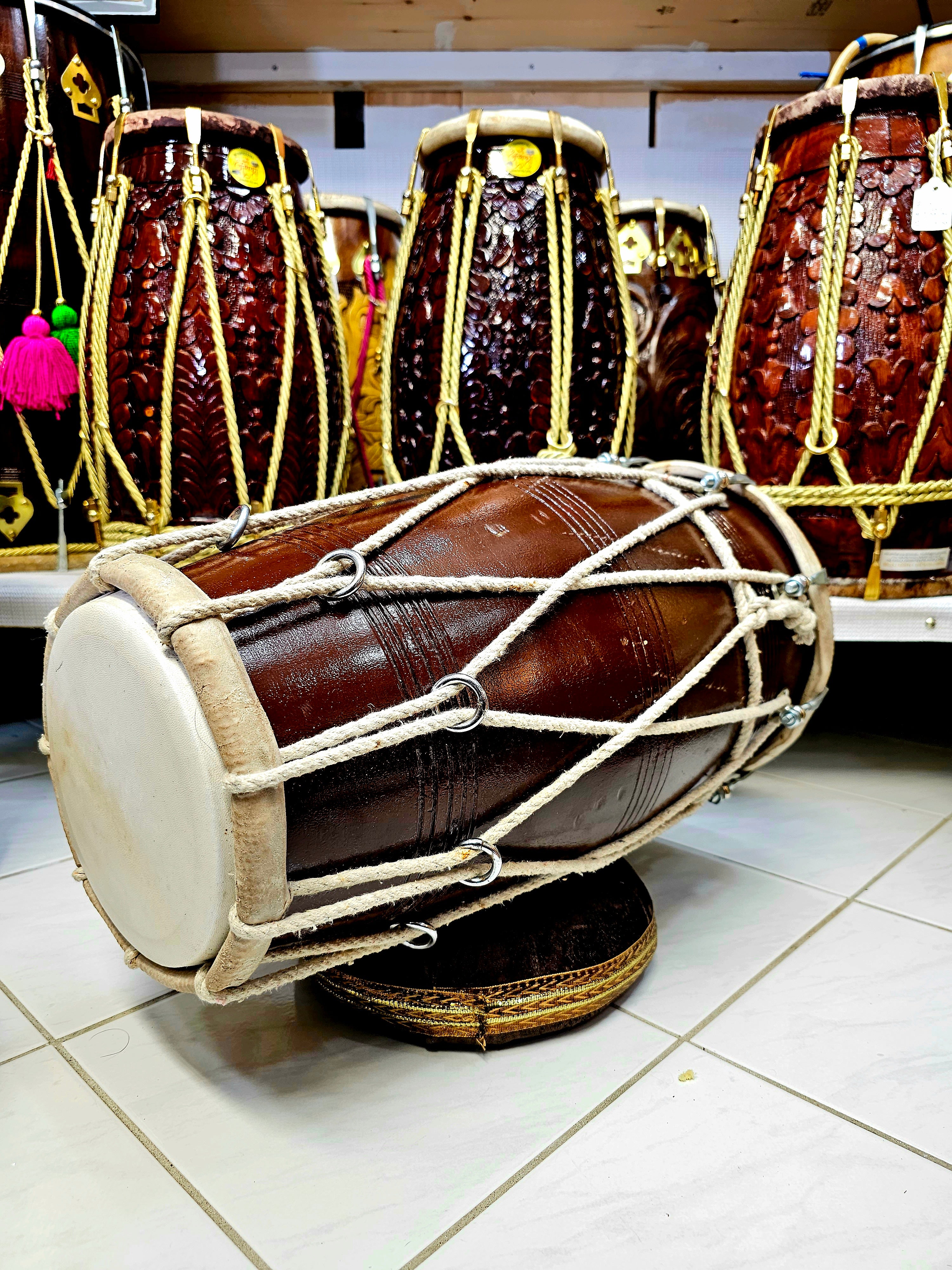 Harmonic Fusion Hybrid Dholak - Brown Mango Wood, Traditional Ropes, Chrome Bolts, with Character