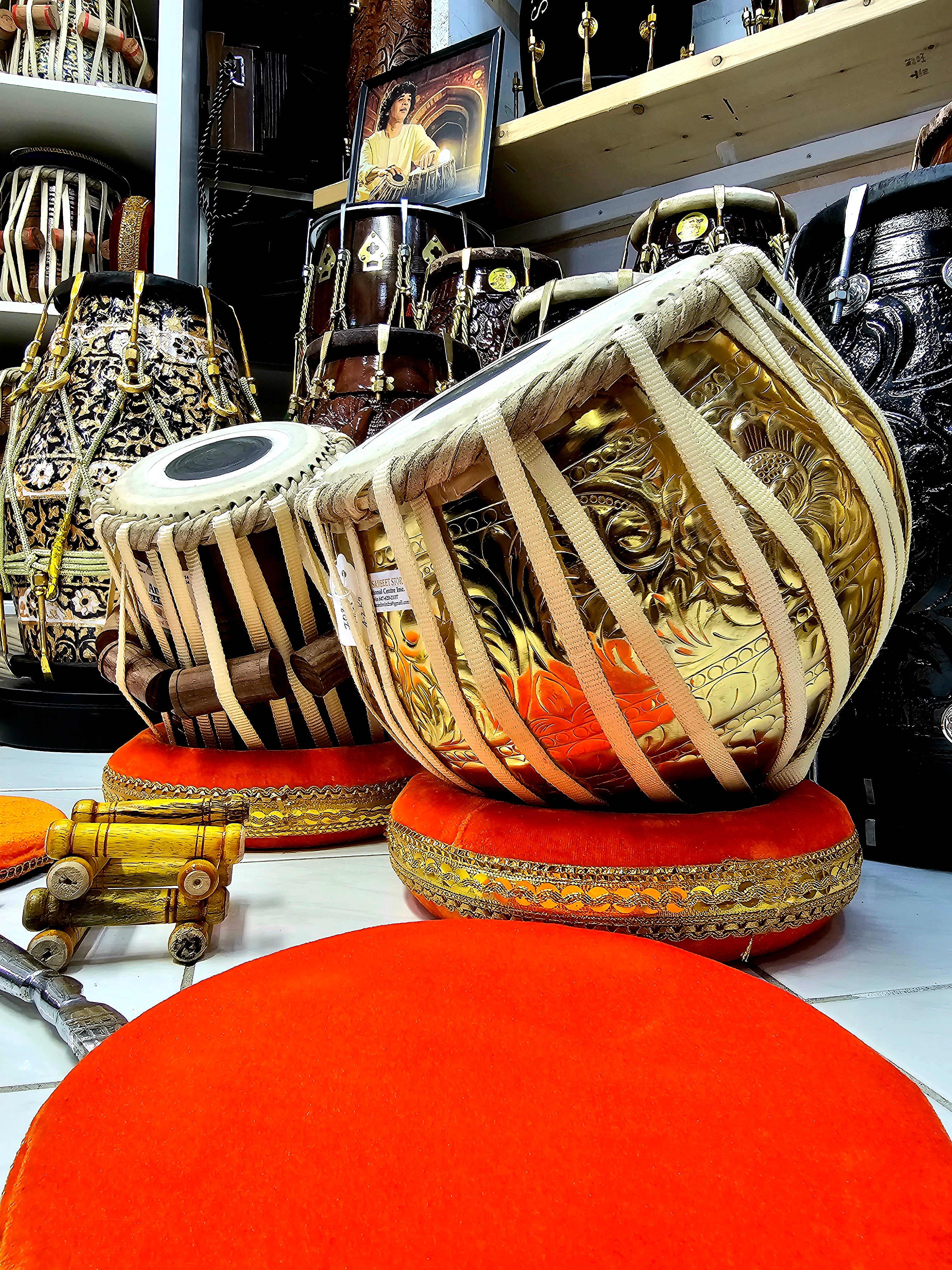 Golden Melody Iqbal Nylon Strapped Tabla Set - 5.75" D Red Sheesham Dayan and 9.25" Golden Brass Bayan